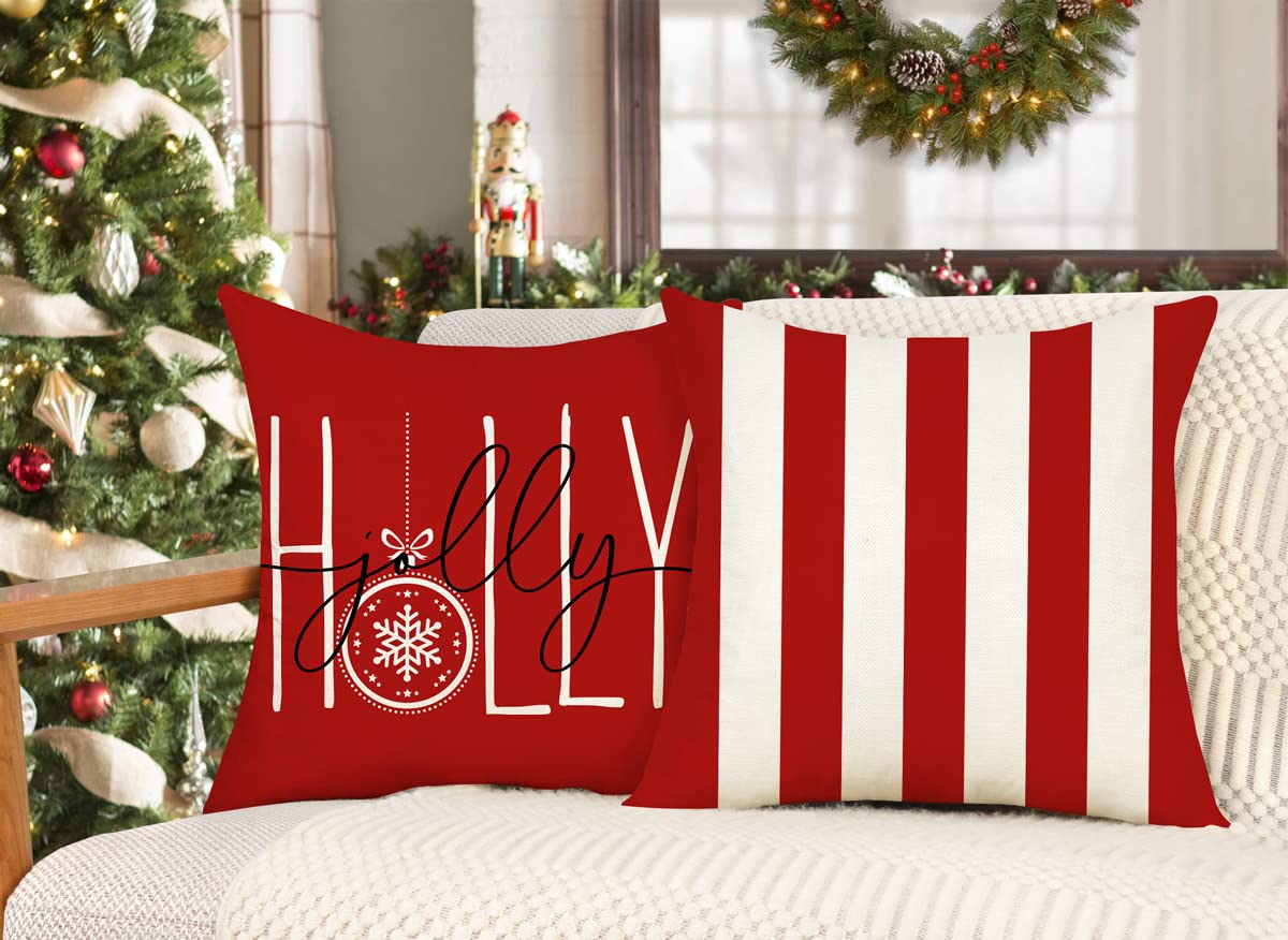 4 Pack 18x18 Inch Red Christmas Pillow Covers - Farmhouse Holiday Decor with Let It Snow & Holly Jolly Designs - Cozy Winter Throw Cushion Cases for Sofa, Couch, Living Room & Home Decor (S22C24)