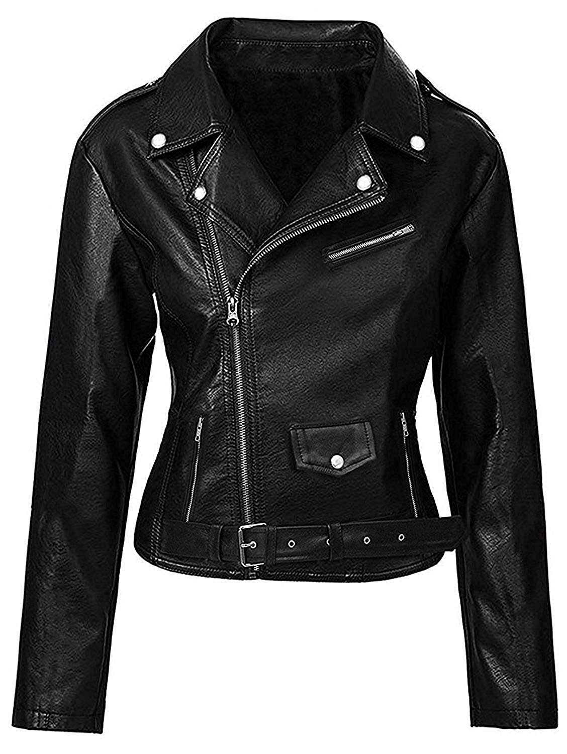 R&B Fashions Women's Black Faux Leather Biker Jacket with Snake Gang Logo - Stylish Motorcycle Jacket for Riding, Night Out & Casual Wear