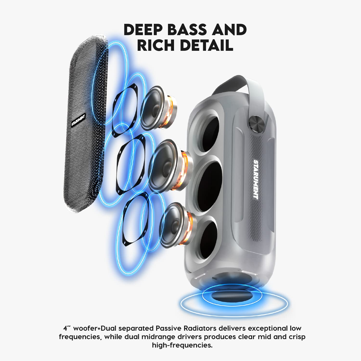 Starument MS-PB55 Wireless Bluetooth Party Speaker - Portable Outdoor Speaker with HiFi Sound, Colorful LED Lights & IPX5 Waterproof - 3600mAh Rechargeable Battery for Home, Travel, Beach & Pool Parties