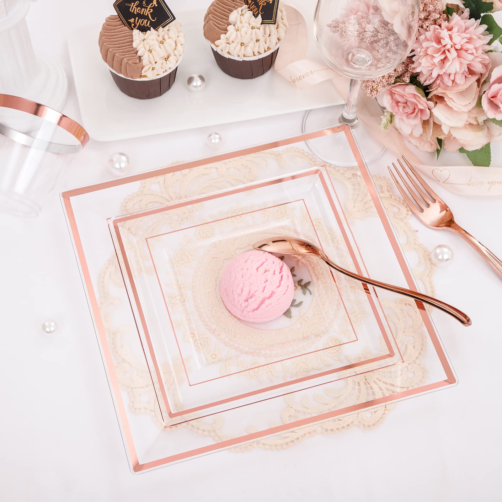 WELLIFE 150-Piece Rose Gold Disposable Plastic Dinnerware Set - 25 Square Dinner Plates, 25 Dessert Plates, 25 Cups, 25 Forks, 25 Knives, 25 Spoons - Elegant Party Tableware for Weddings, Birthdays & Events