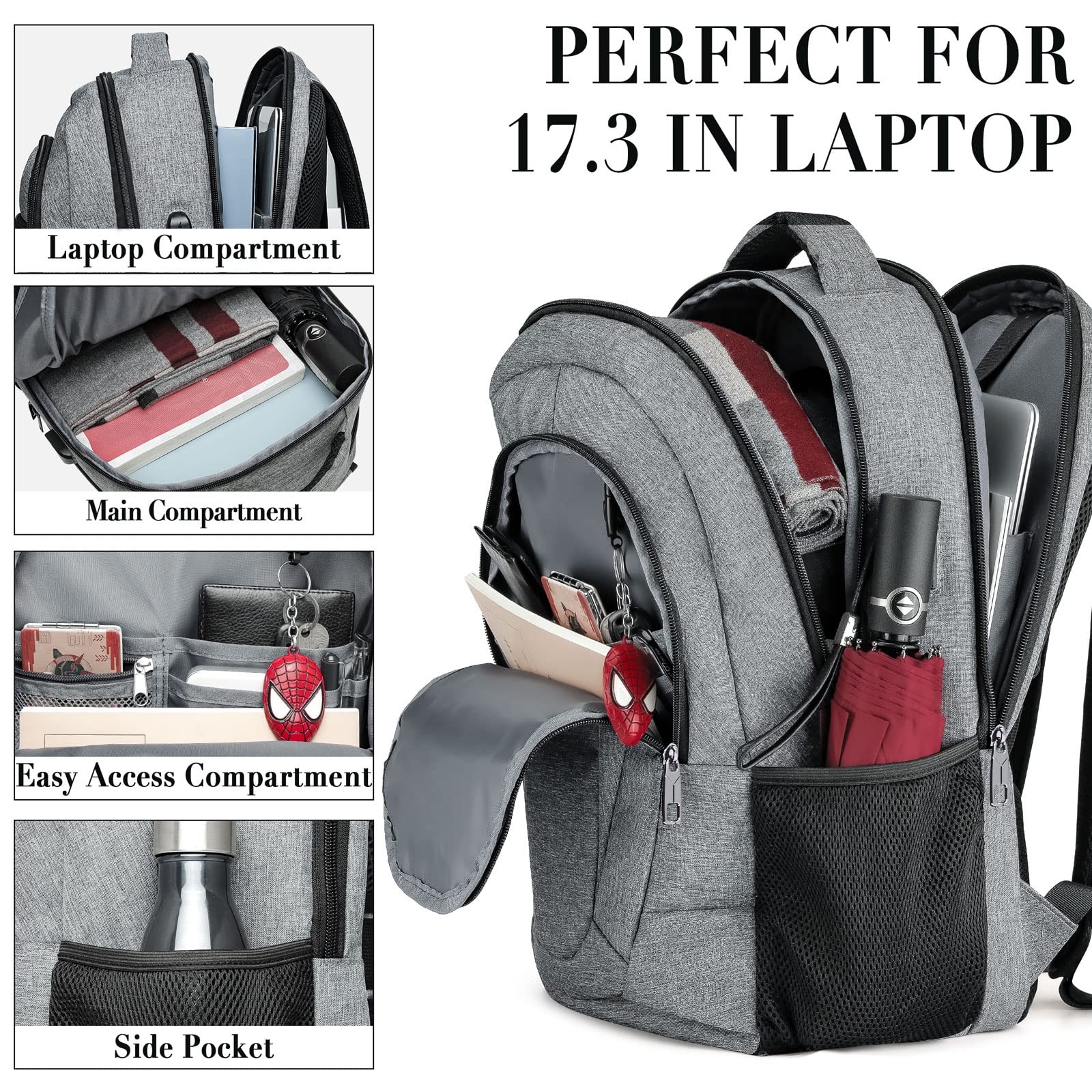 Anti-Theft Travel Laptop Backpack for Women & Men - Slim Durable USB Charging School College Business Backpack Fits 17 Inch Laptop (Grey) - Perfect for Commuting, Work, Study & Airplane Travel