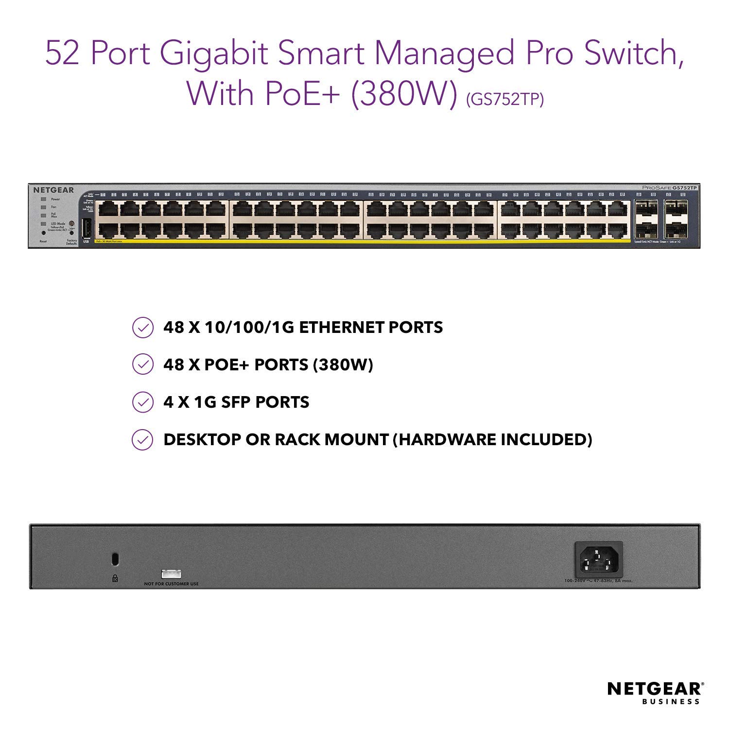 NETGEAR GS752TP 52-Port Gigabit Ethernet Smart Managed Pro PoE Switch | 48 PoE+ Ports @380W | 4x1G SFP | Desktop/Rackmount | ProSAFE Lifetime Protection (Renewed) | Ideal for Office Networks, Data Centers & Smart Home Installations