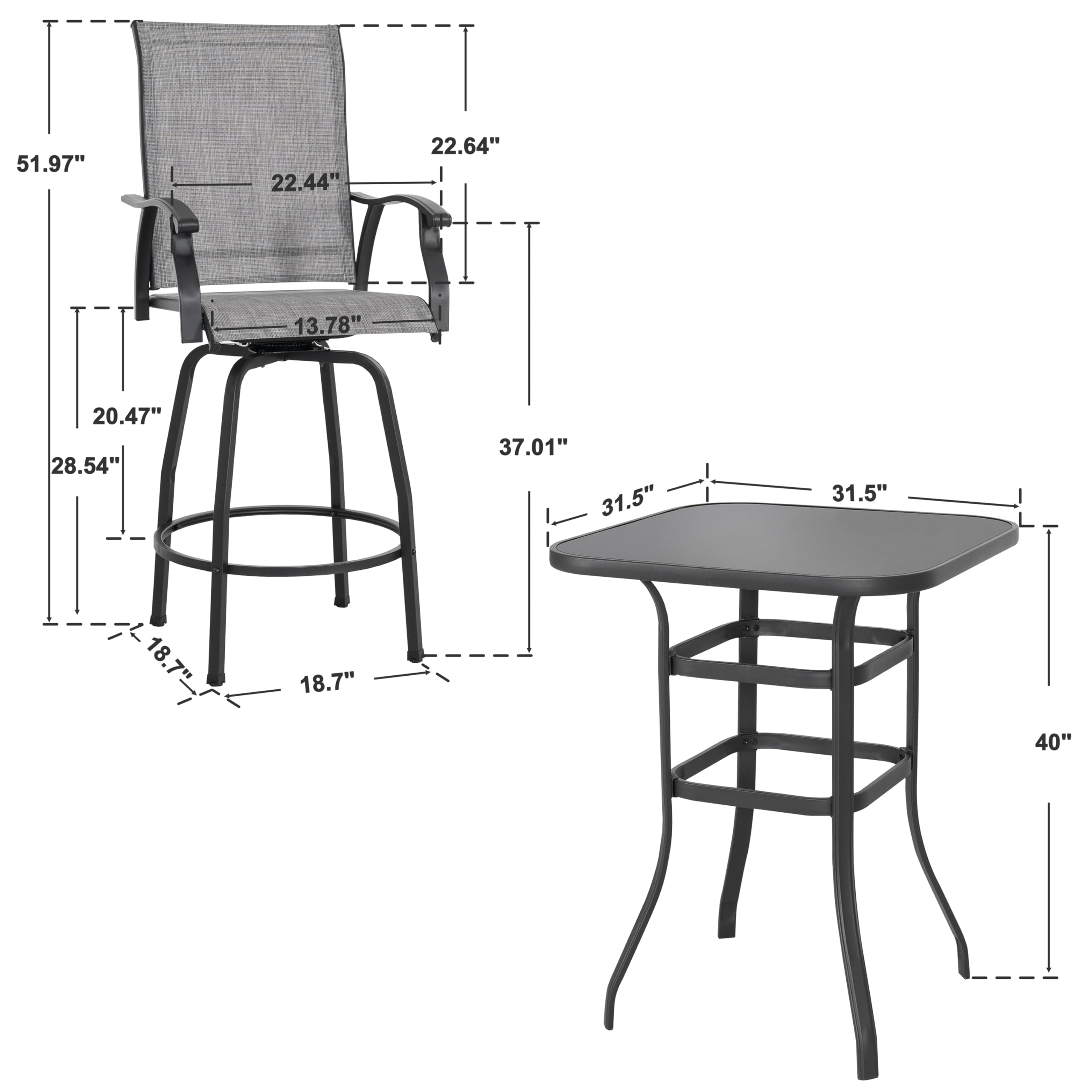 NUU GARDEN 3-Piece Outdoor Patio Bar Set with Tempered Glass Table & Swivel Bar Stools - Gray and Black Patio Furniture for Garden, Backyard, Deck or Poolside Relaxation