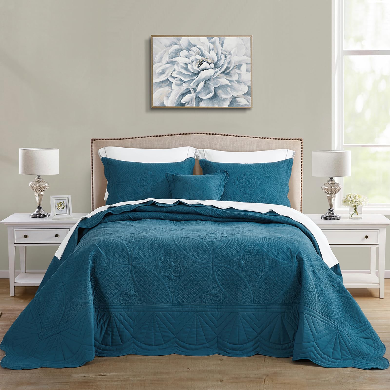 Full Size Bedspread Set - Modern Reversible Lightweight Coverlet with Real Stitching | 4-Piece Blue Bedding Set for Contemporary Bedrooms | Perfect for Guest Rooms, Master Bedrooms & Dorm Decor