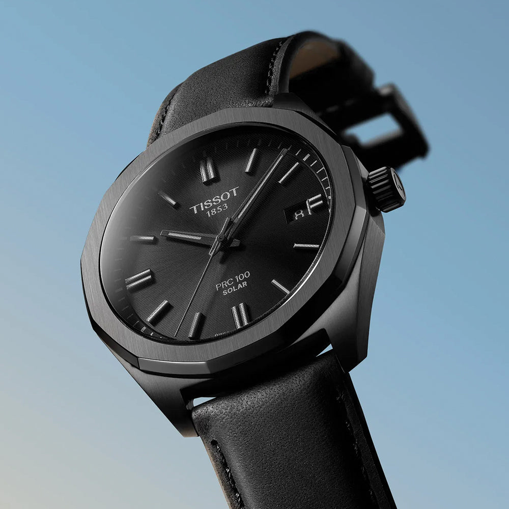 PRC 100 Solar Quartz 39mm Men's Watch - Black Dial with Genuine Leather Strap | Water Resistant, Eco-Friendly Solar Power | Perfect for Business, Casual & Outdoor Activities
