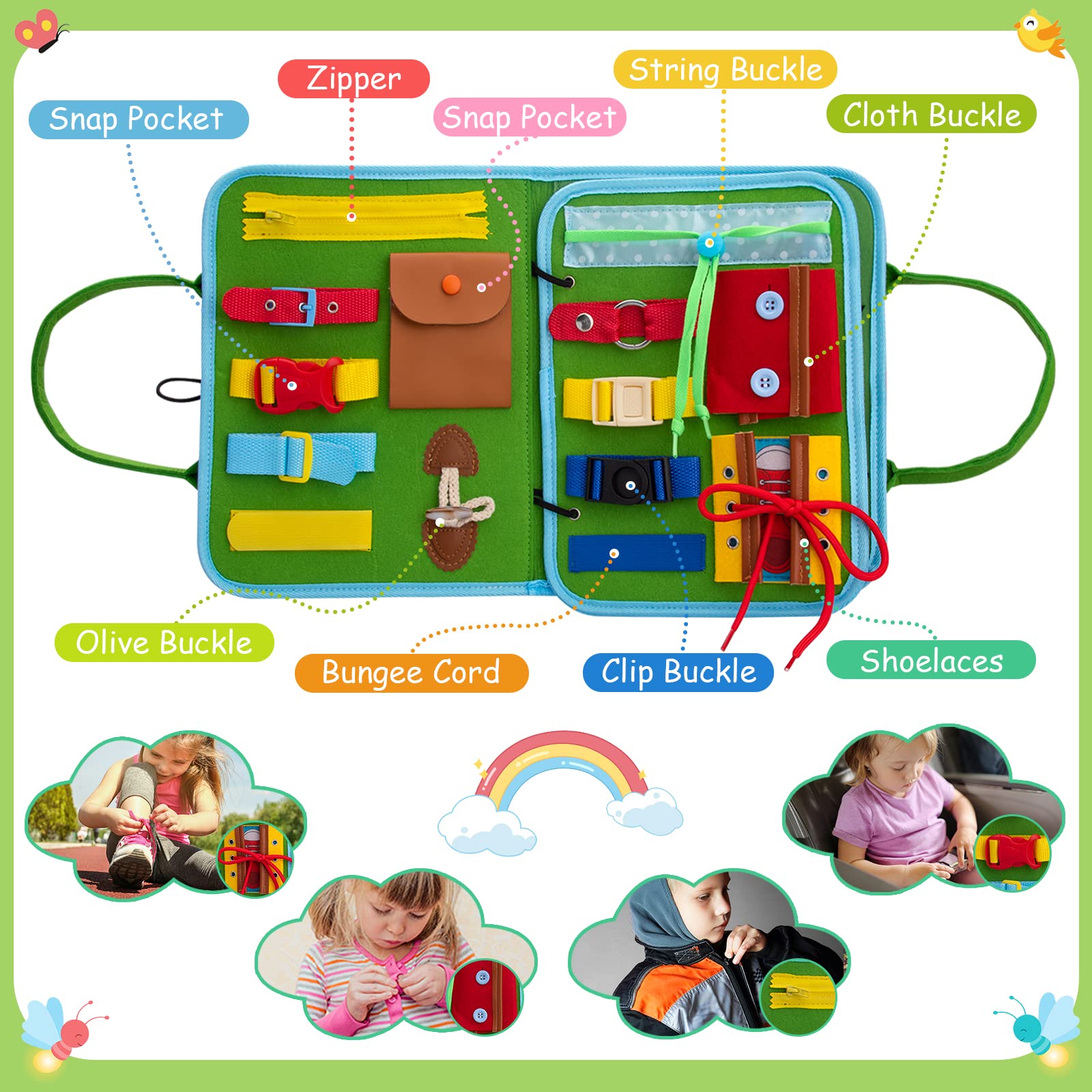 Montessori Busy Board for Toddlers 1-4 Years - Sensory Travel Toy for Fine Motor Skills - Perfect for Preschool & Airplane Activities