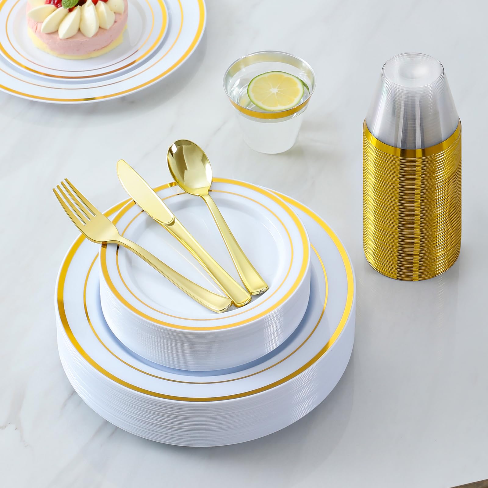 600-Piece Gold Plastic Dinnerware Set for 100 Guests - Disposable Plates, Forks, Knives, Spoons & Cups for Parties, Weddings, Birthdays - Elegant & Convenient for Large Gatherings & Events