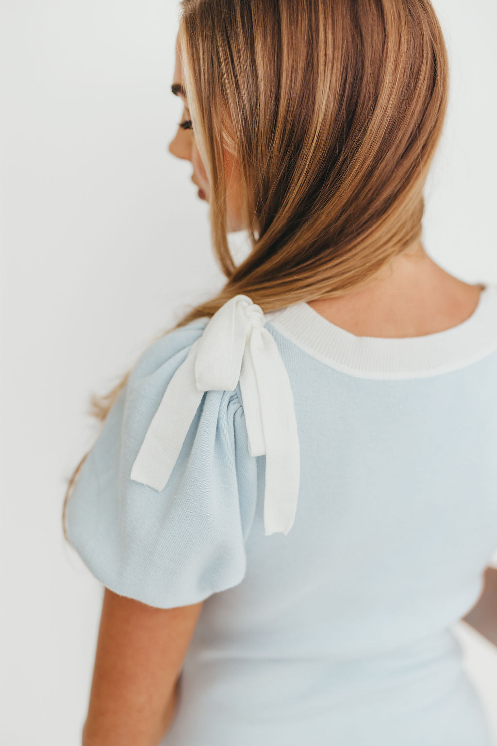 Mary Kate Bow Shoulder Sweater Maxi Dress in Sky Blue & White | Elegant Long Sleeve Knit Dress for Women | Perfect for Fall Weddings, Holiday Parties & Special Occasions