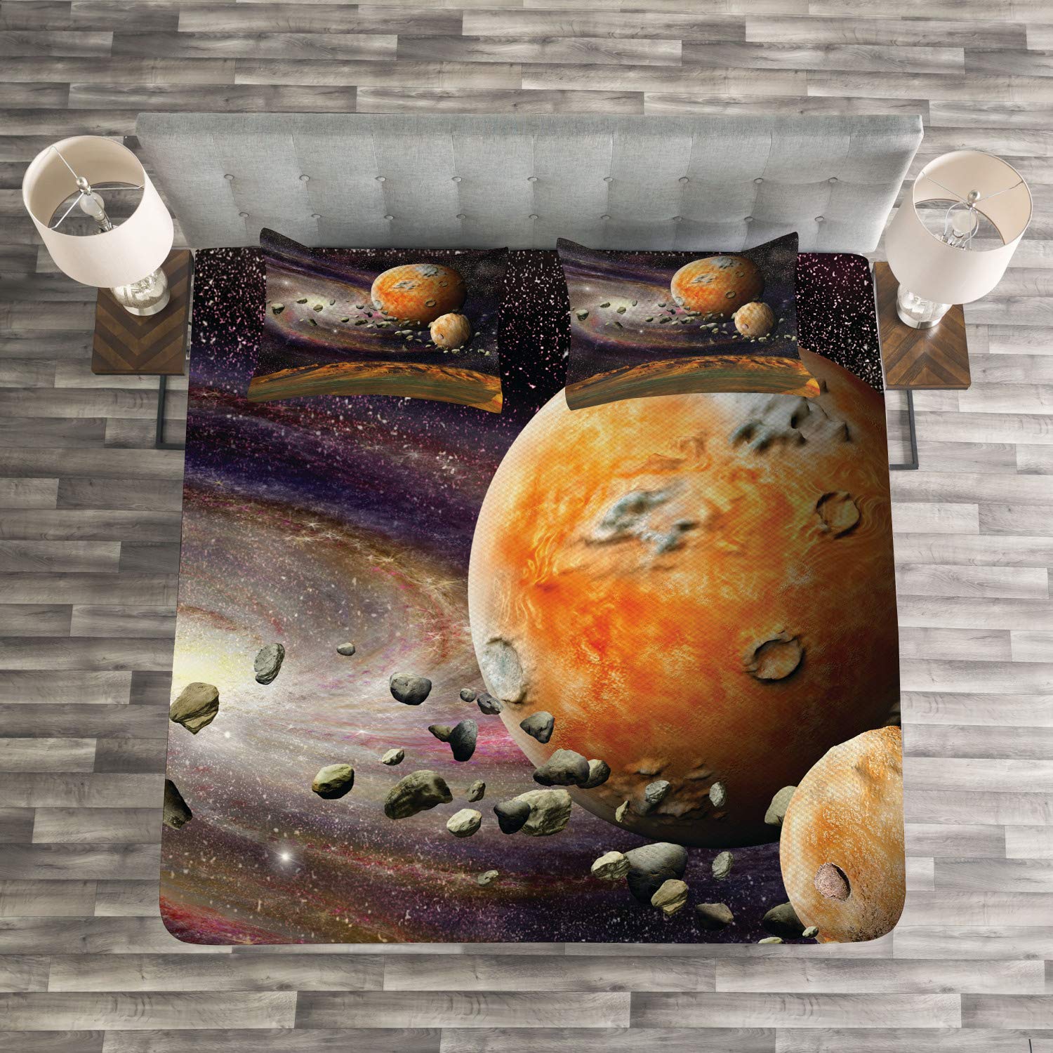 Ambesonne Galaxy Bedspread Set - King Size Space Themed 3-Piece Quilted Coverlet with 2 Pillow Shams | Universe, Planets & Stars Design in Green Purple Yellow White | Perfect for Astronomy Lovers' Bedroom Decor & Cosmic Themed Rooms
