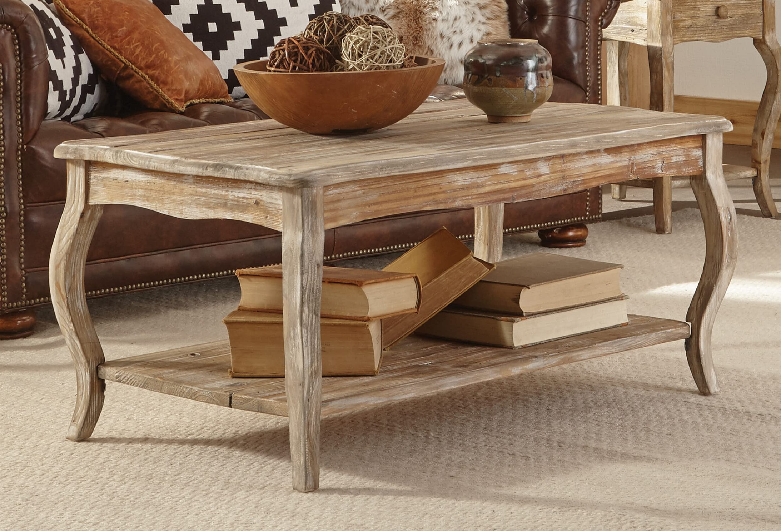 Rustic Wood Coffee Table with Open Shelf, Curved Legs & Scalloped Edges - Driftwood Finish Farmhouse Style Living Room Furniture by Alaterre | Perfect for Small Spaces, Apartments & Cozy Home Decor