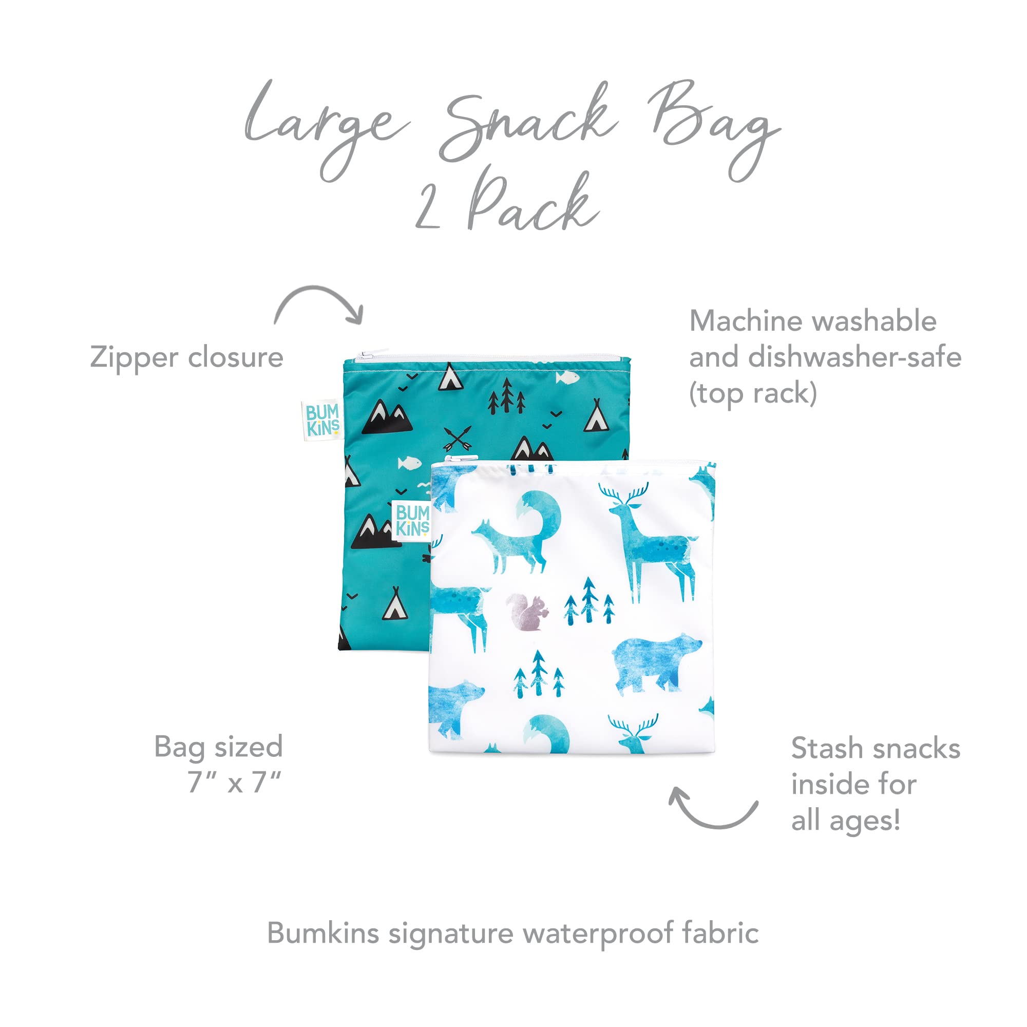Bumkins Reusable Sandwich Bags & Snack Bags - Washable Fabric Food Storage, BPA Free, Eco-Friendly (7x7 Inches, Wildlife & Outdoor Design, Pack of 2) - Perfect for School Lunches, Picnics, and Travel Snacks