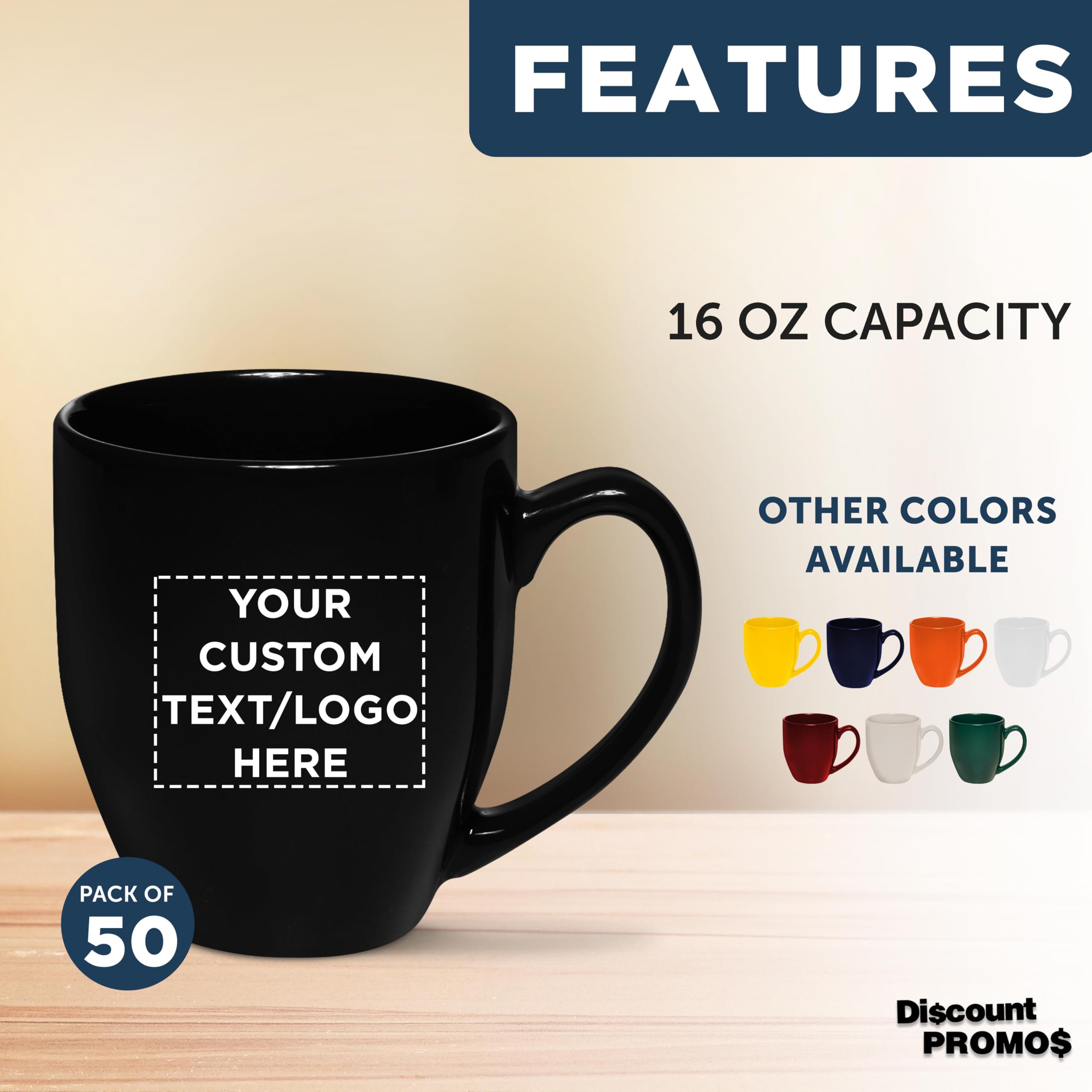 Custom 16 oz Large Coffee Cups - Bulk Pack of 50 Personalized Black Mugs - Perfect for Tea, Espresso, Cappuccino & Hot Cocoa - Ideal for Cafes, Offices & Home Use