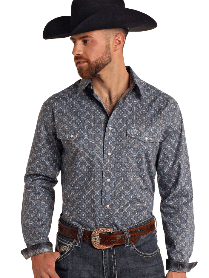 Men's Long Sleeve Snap Western Shirt - Dark Grey Cowboy Shirt for Casual Wear, Rodeo & Outdoor Activities