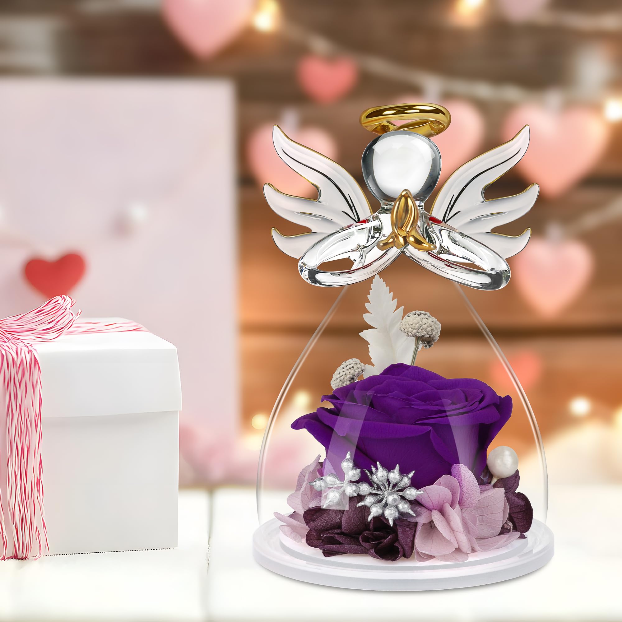 Preserved Purple Rose in Glass Angel Figurines - Mother's Day, Birthday Gift for Women, Mom, Grandma, Wife, Sister - Perfect for Home Decor, Wedding Centerpieces, and Romantic Keepsakes