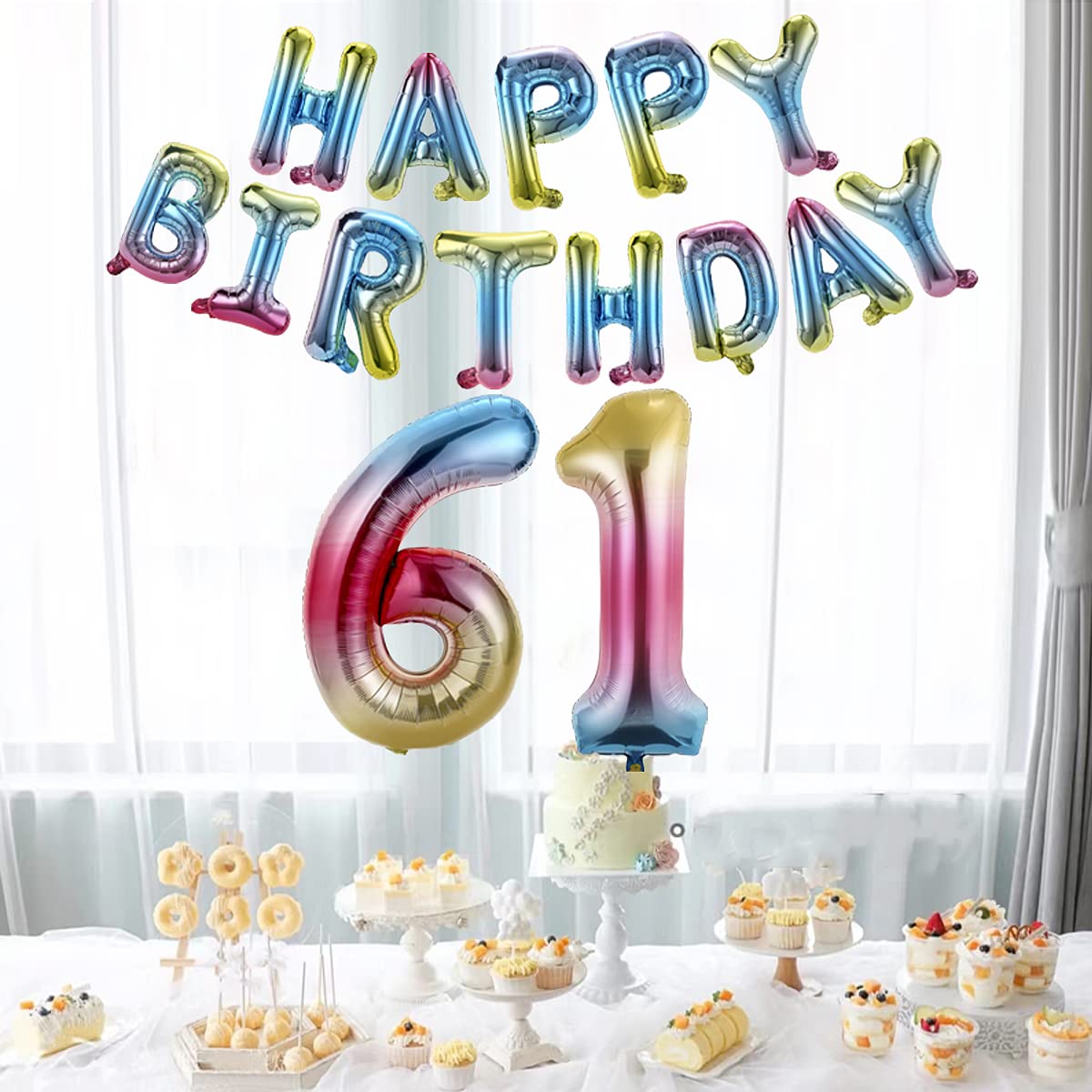 61st Birthday Party Decorations - 40 Inch Happy Birthday Number 61 Banner with Rainbow Gradient Foil Balloons for Men & Women - Perfect for Anniversary Celebrations, Retirement Parties & Milestone Events