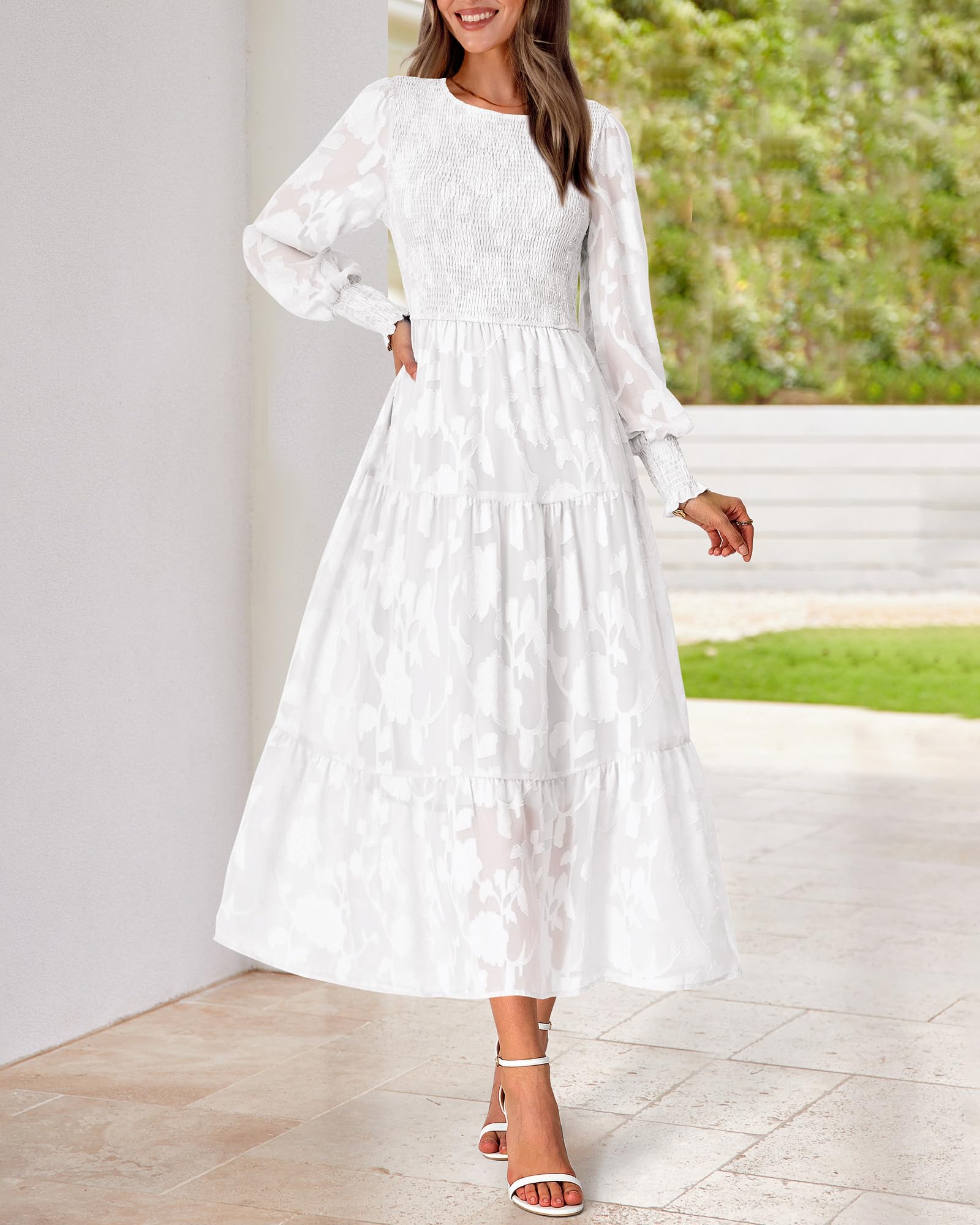 BTFBM Women's Elegant Floral Long Sleeve Midi Dress - Bohemian Wedding Guest Dress for Spring 2025 | Perfect for Garden Parties, Bridal Showers & Formal Events
