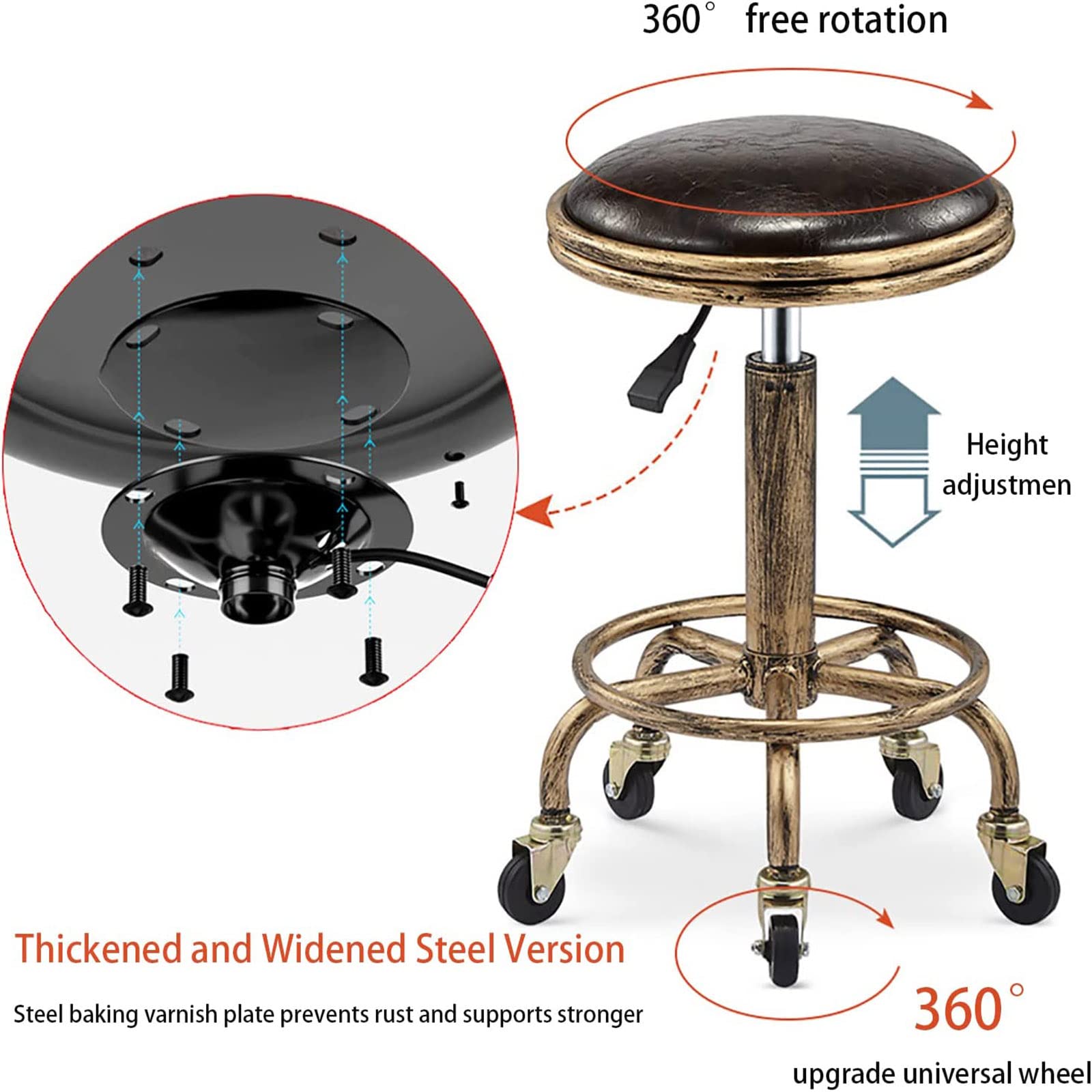 Adjustable Height Rolling Stool with Wheels - PU Leather Swivel Office Stool for Salon, Drafting, Massage & Spa (12.6