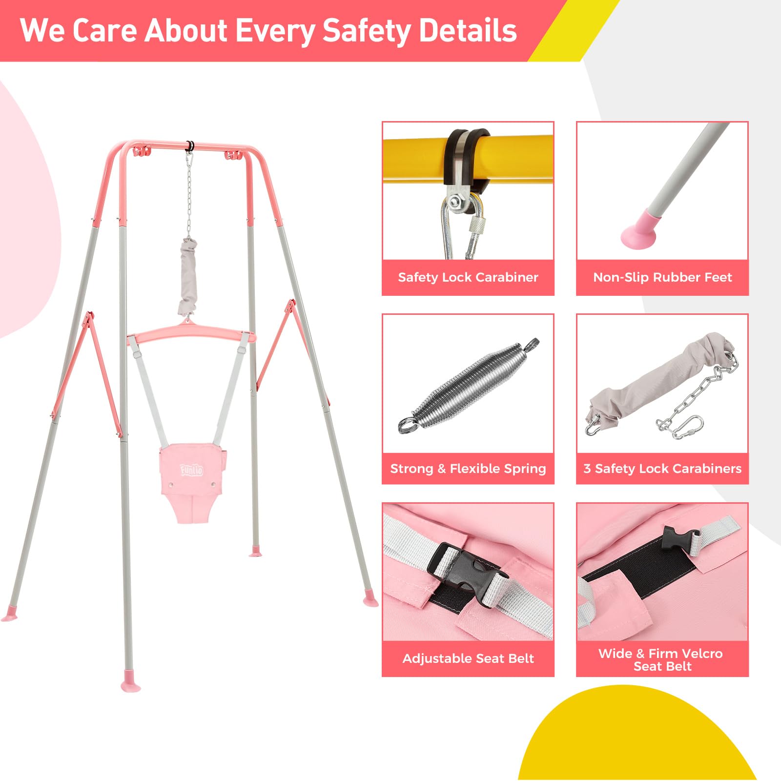 **FUNLIO 2-in-1 Baby Swing and Jumper for Toddlers - Heavy Duty Kids Swing Set with 4 Sandbags, Foldable Metal Stand - Indoor & Outdoor Play - Easy Assembly & Storage - Pink - Perfect for Backyards, Playrooms, and Daycares**