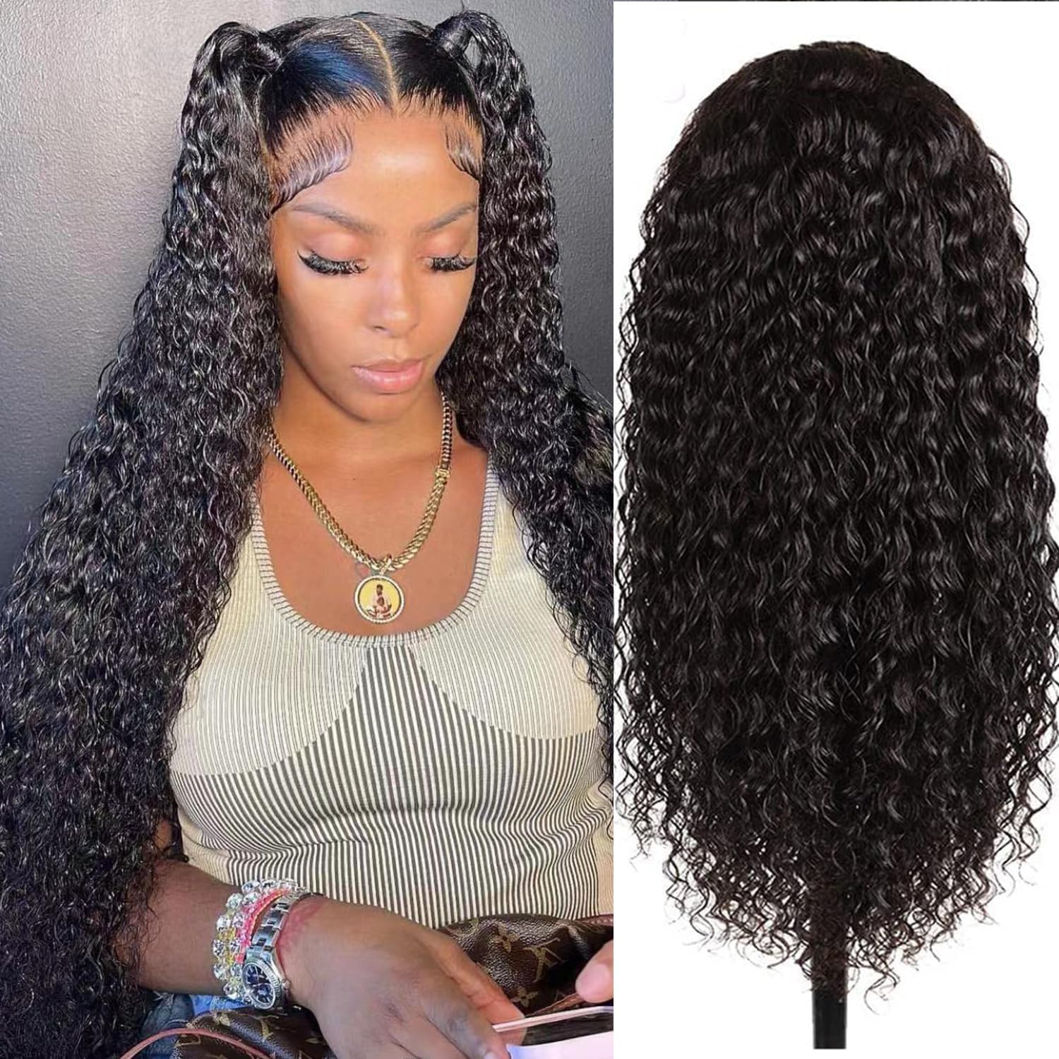 13x4 HD Lace Front Wigs Human Hair - Glueless Pre Plucked 180% Density Wet & Wavy Water Curly with Baby Hair - 28 Inch Natural Black Women Wigs for Daily Wear, Parties & Special Occasions