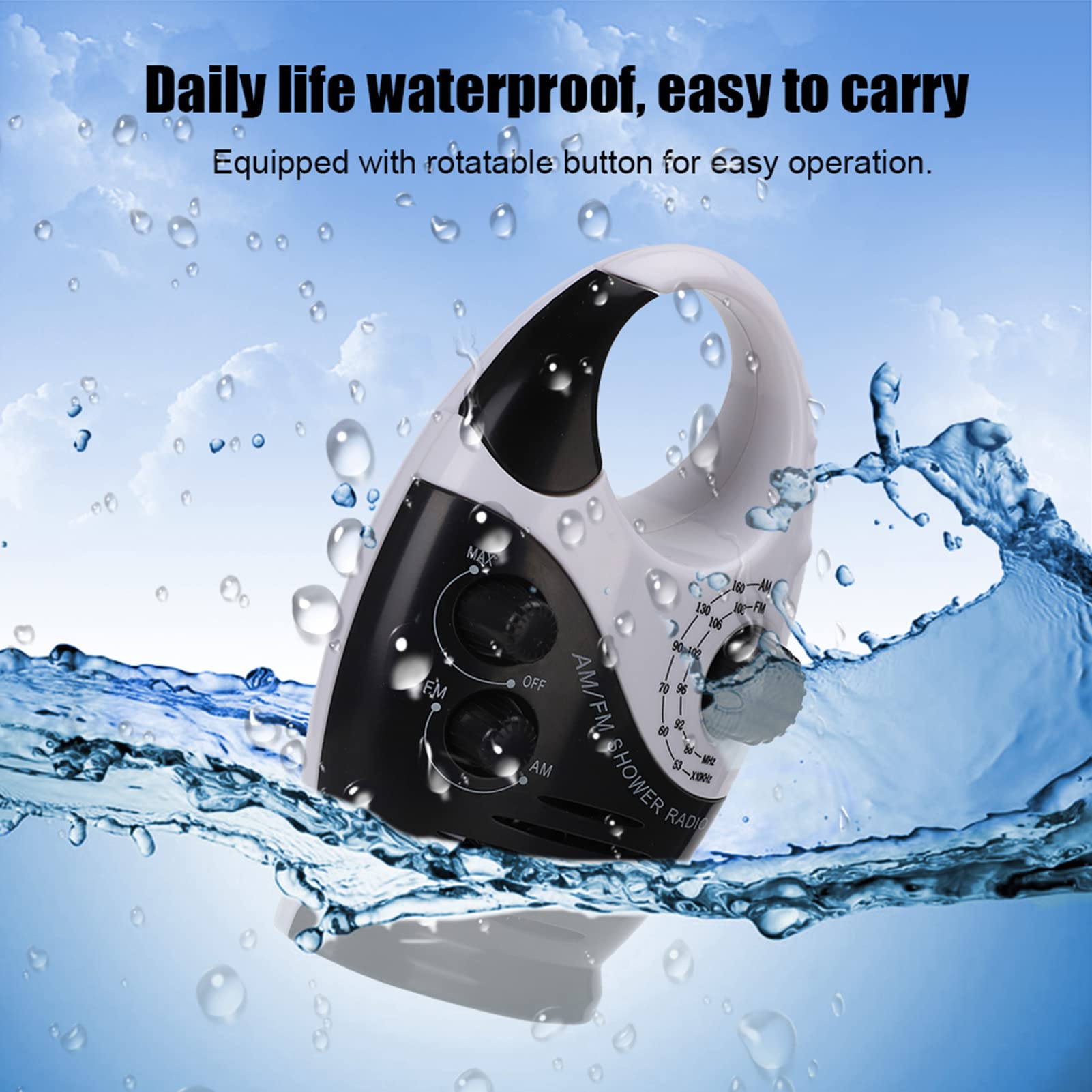 Waterproof Shower Radio - Portable AM/FM Radio with Adjustable Volume, Battery Powered Speaker with Hook Handle - Perfect for Bathroom, Bedroom, Garage & Outdoor Use