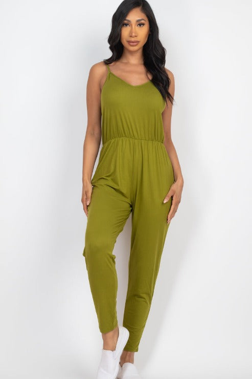 Solid Spaghetti Strap Elastic Waist Jumpsuit for Women - Comfortable Casual Romper with Adjustable Straps | Perfect for Summer Outfits, Beach Wear & Vacation Essentials