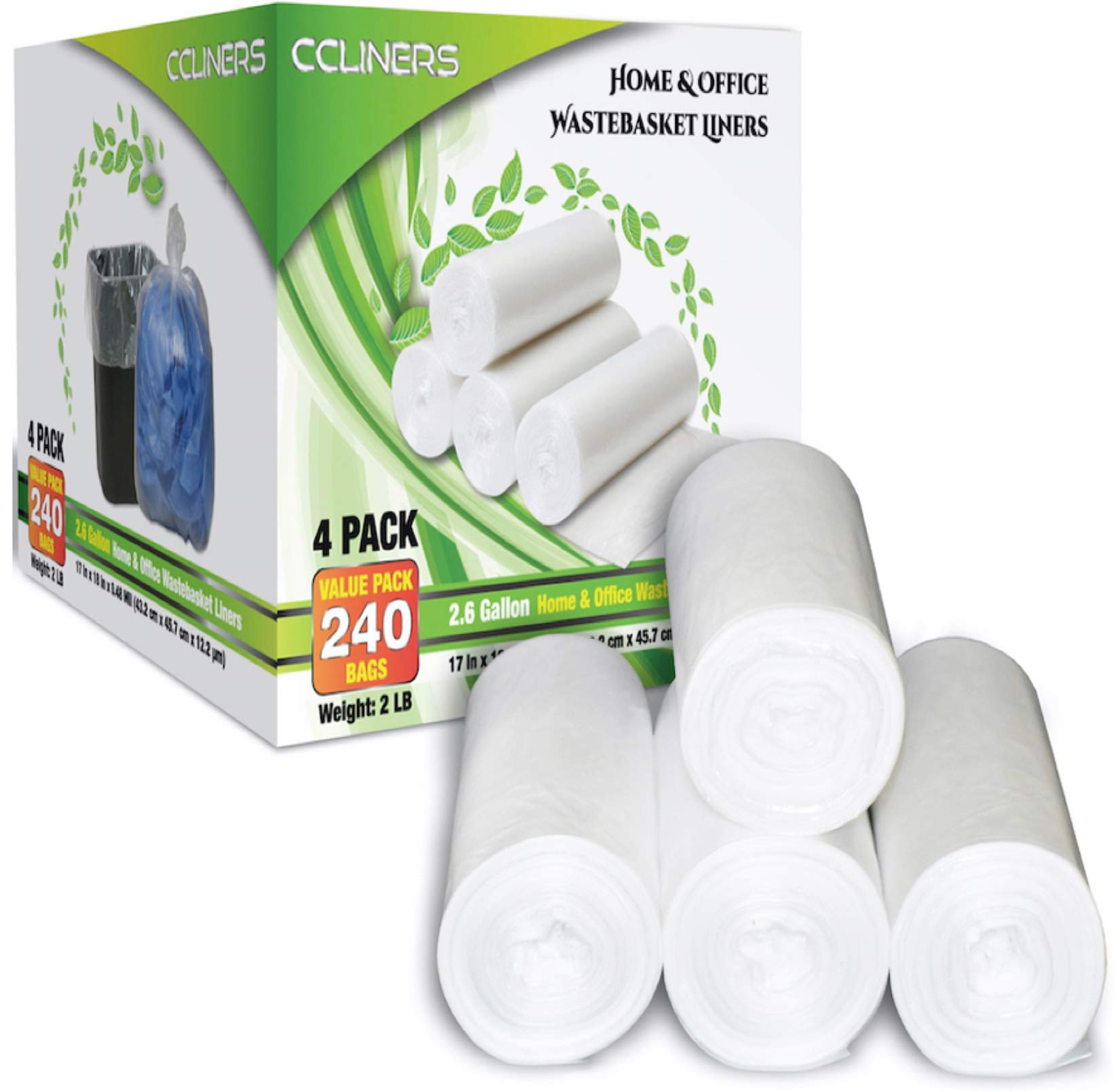 2.6 Gallon (10 Liter) Clear Plastic Trash Bags - 240 Count Small Bathroom Garbage Can Liners for Home, Office & Wastebasket | Perfect for Bathrooms, Kitchens, Bedrooms & Office Bins