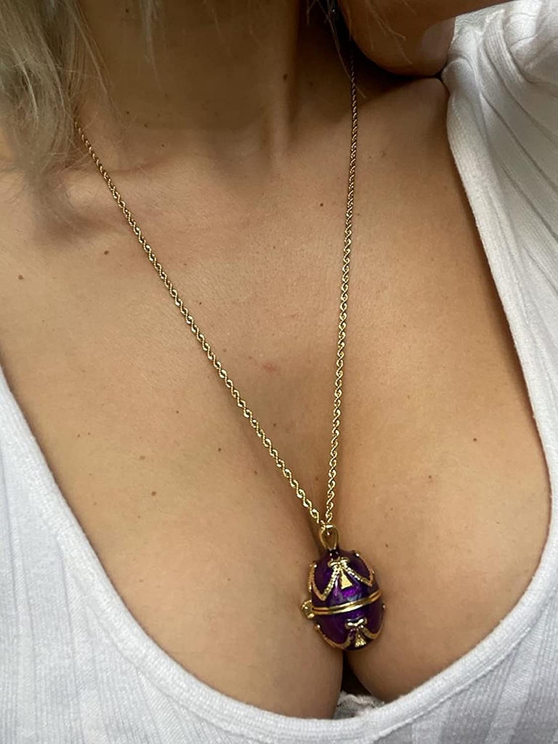 Handmade 24k Gold Plated Amethyst Faberge Egg Pendant Necklace & Bracelet Set - Russian Style Purple Jewelry Gift with 23.5