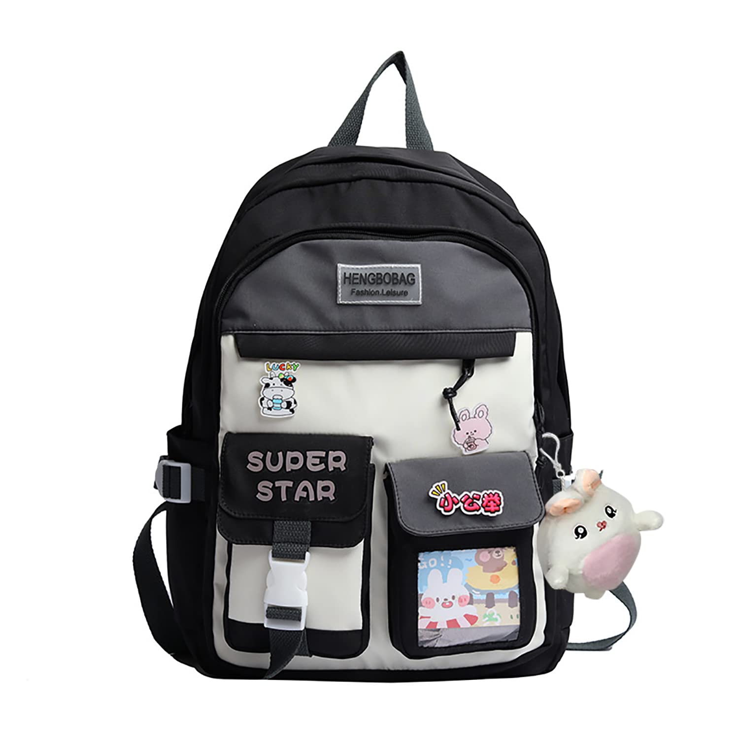 Cute Bunny Plush Keychain Backpack - Kawaii Aesthetic School Bag with Pins for Girls, Teens & Women | Perfect for School, Travel & Everyday Use