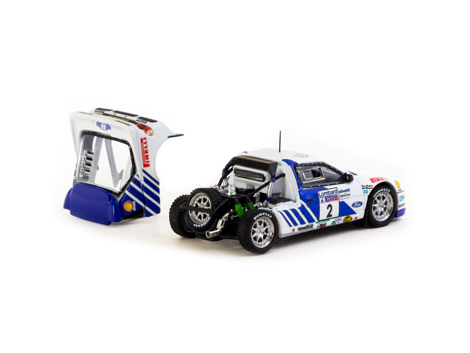 Tarmac Works 1/64 Scale Ford RS200 Lombard RAC Rally 1986 #2 Diecast Model Car - Collectible Miniature Vehicle for Display & Racing Scenes