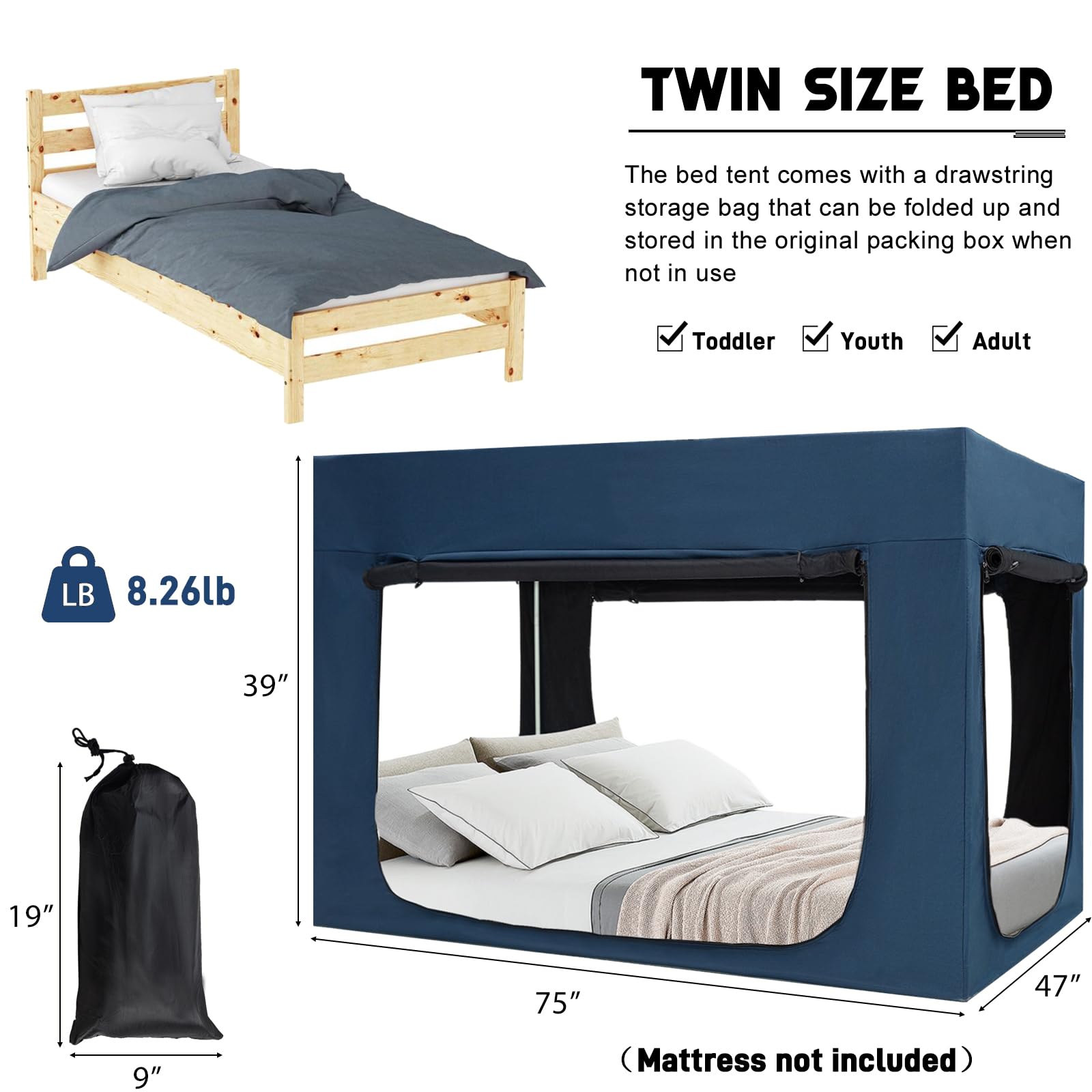 **Portable Bed Tent for Adults & Kids - Twin Size Bed Canopy with 80% Blackout, 4 Doors & Breathable Fabric - Private Sleeping Space for Camping, Travel, or Home Use (Mattress Not Included)**