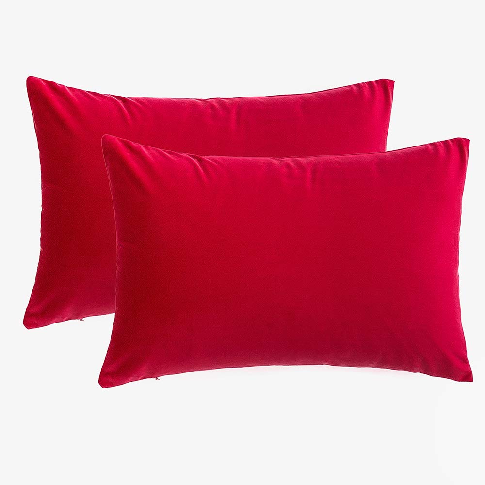 RainRoad Velvet Decorative Throw Pillow Covers Set of 2 - 12x20 Inch Soft Square Red Cushion Covers for Sofa, Couch, Bed & Chair - Perfect for Living Room Decor, Bedroom Accents & Home Styling