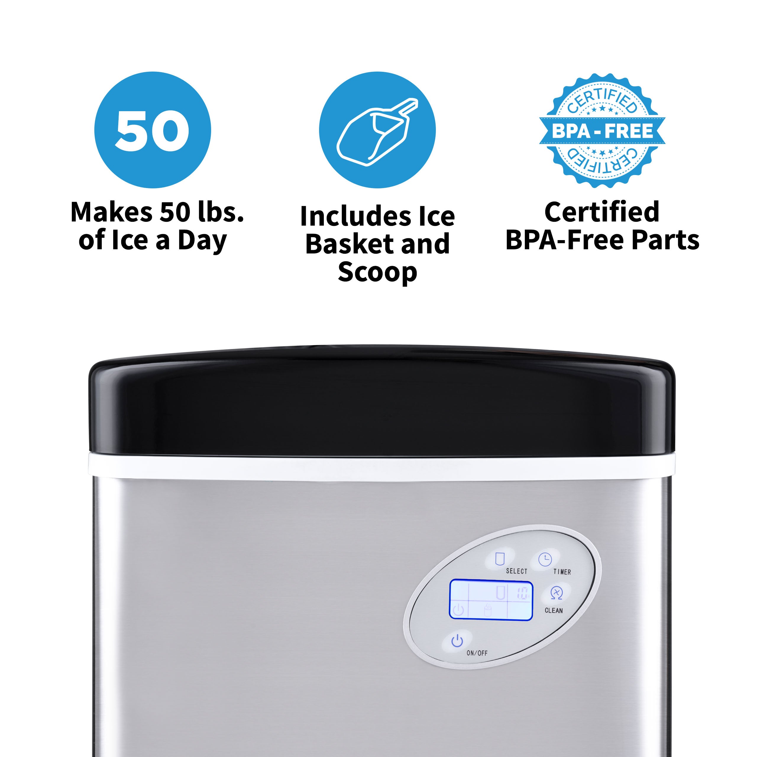Newair® Countertop Ice Maker - 50 lbs/Day, Bullet Ice Machine for Home, Office, or Party - Fast & Portable Ice Maker in Red