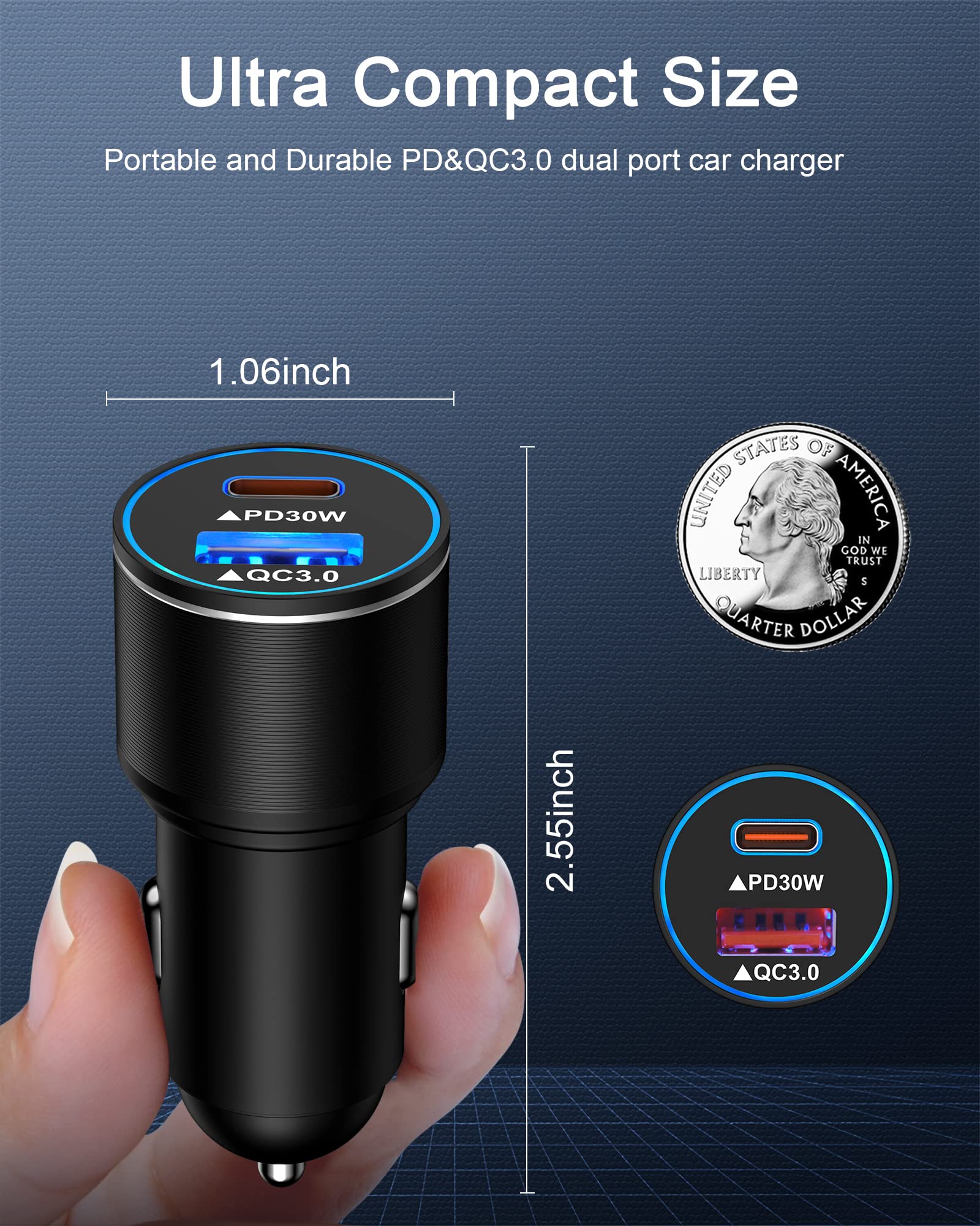 12V Dual Port USB C Car Charger - 30W & 18W Super Fast Charging Cigarette Lighter Adapter for iPhone, Samsung Galaxy, Google Pixel - Perfect for Road Trips & Long Drives