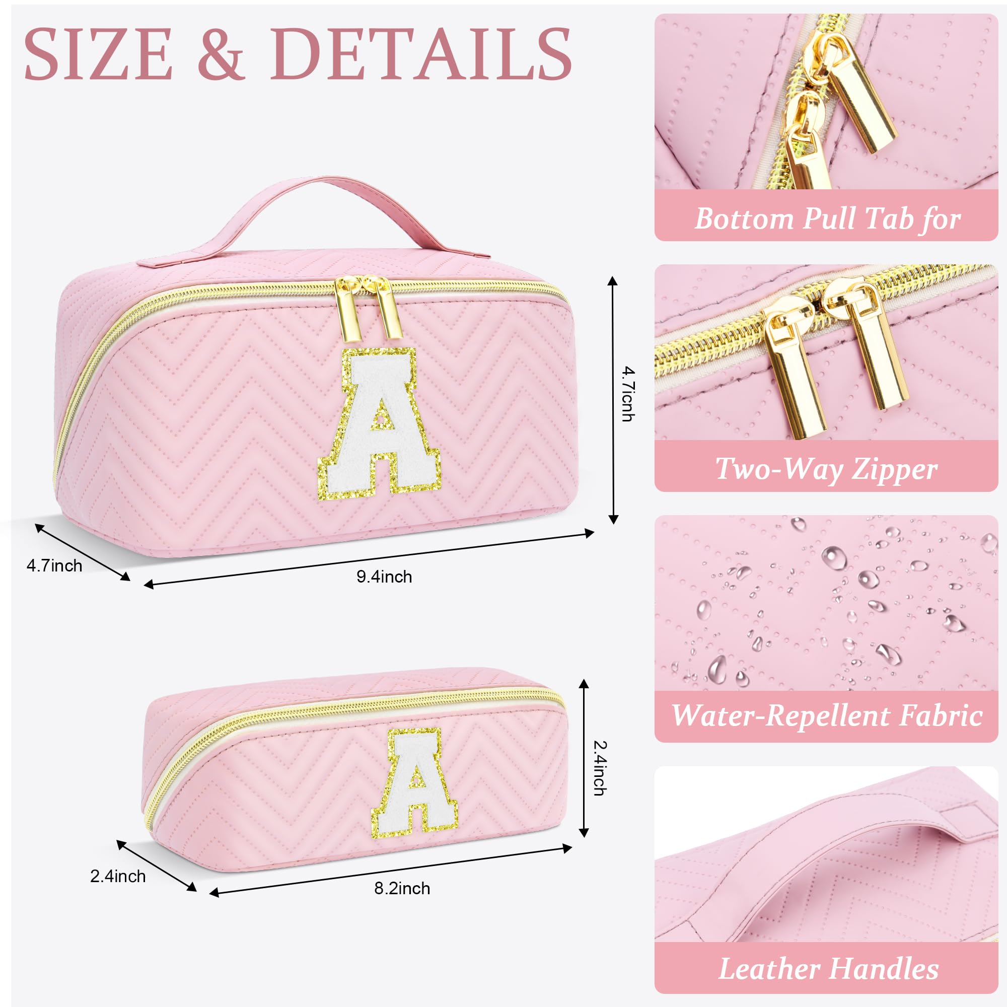 Personalized Initial Pink Makeup Bag - Large Capacity Waterproof Leather Cosmetic Organizer for Women & Teens | Perfect Travel Toiletry Bag, Birthday Gift for Girlfriend, Teacher | Great for Daily Use, Vacation Trips & Makeup Storage