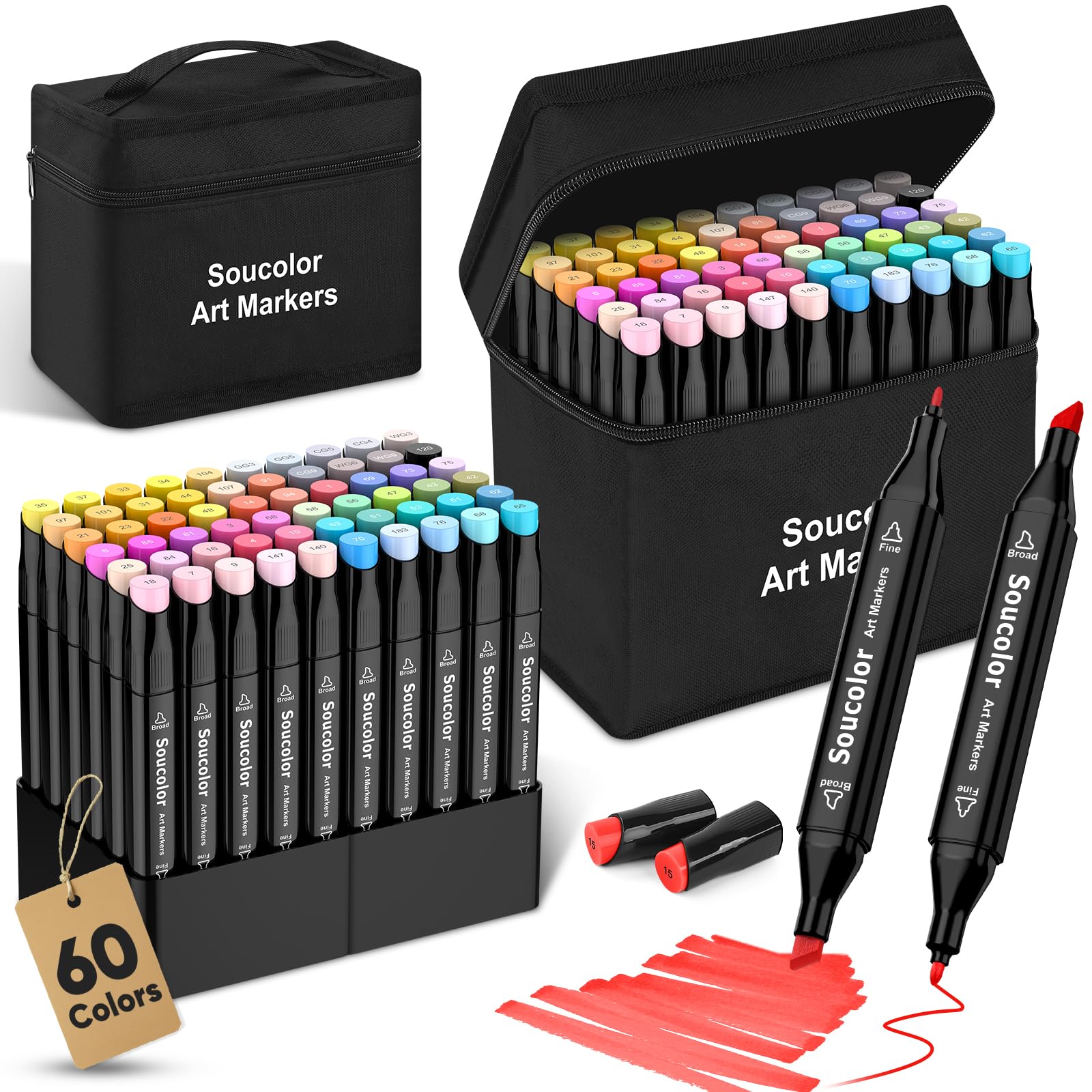 Soucolor 60 Colors Alcohol Markers Set - Dual Tip Art Markers for Drawing, Sketching & Calligraphy | Perfect for Kids, Teens & Adults | Great Gift for Artists, Teachers & Students | Ideal for Coloring Books, Sketchbooks & Back to School Supplies