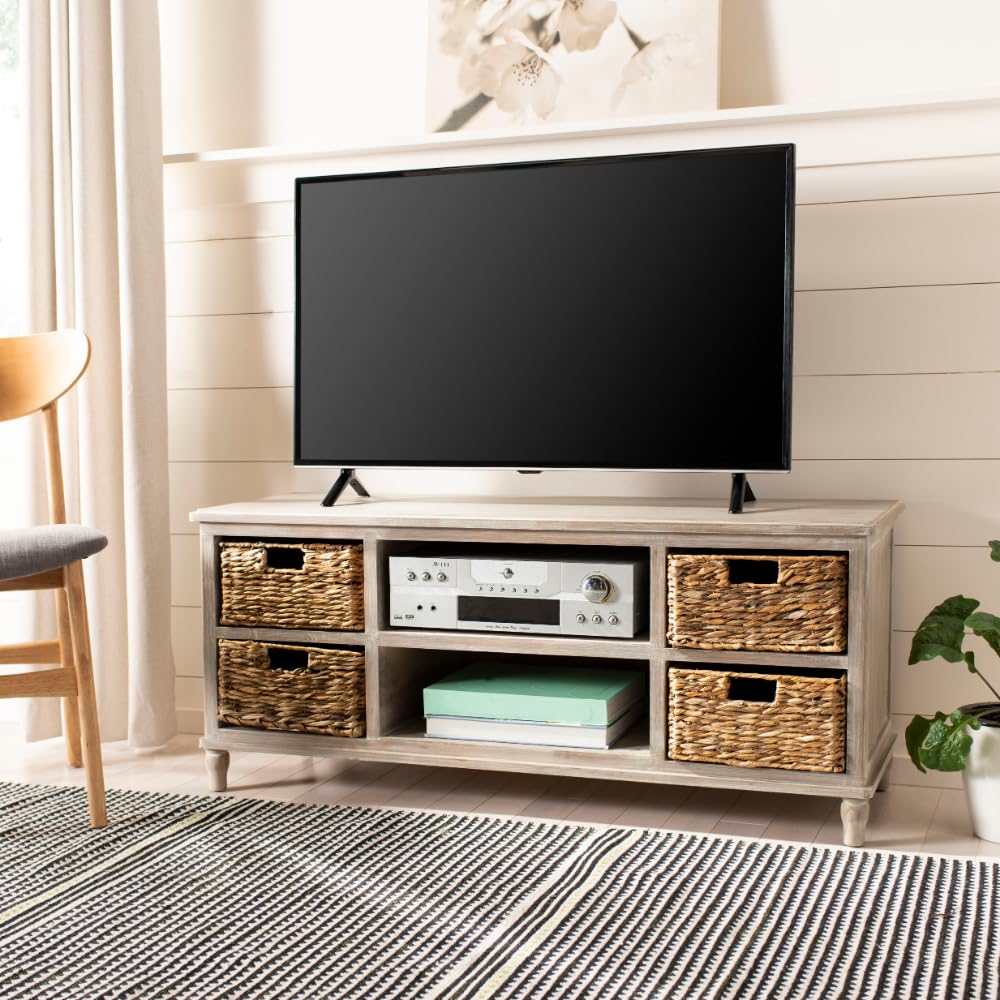 Safavieh Home Collection Rooney Entertainment TV Stand - White Wash Finish - Modern TV Console for Living Room, Bedroom & Home Theater