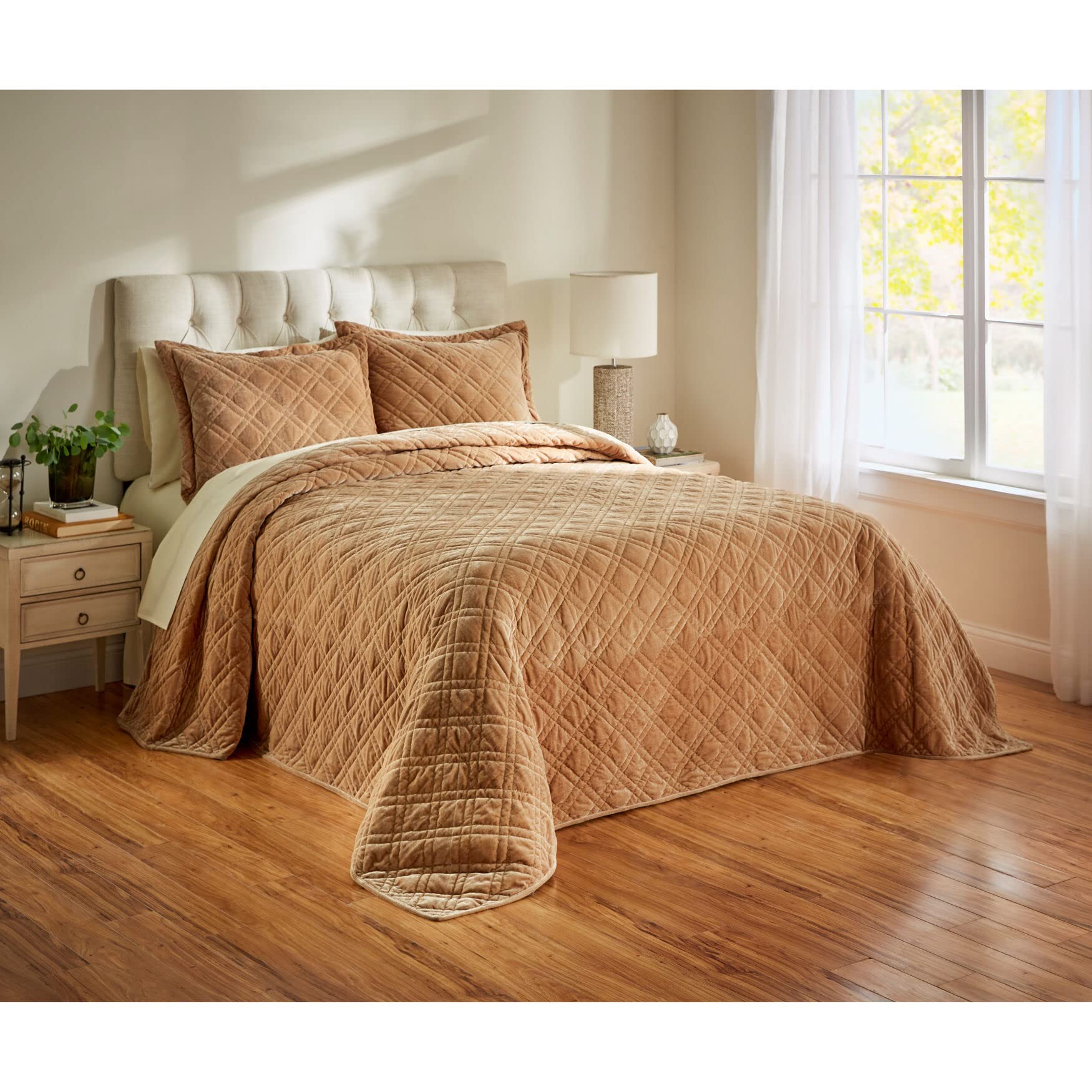 BrylaneHome Velvet Diamond Quilted Bedspread Queen Size - Soft Luxury Almond Beige Comforter for Bedroom Decor | Perfect for Master Bedroom, Guest Room & Cozy Home Styling
