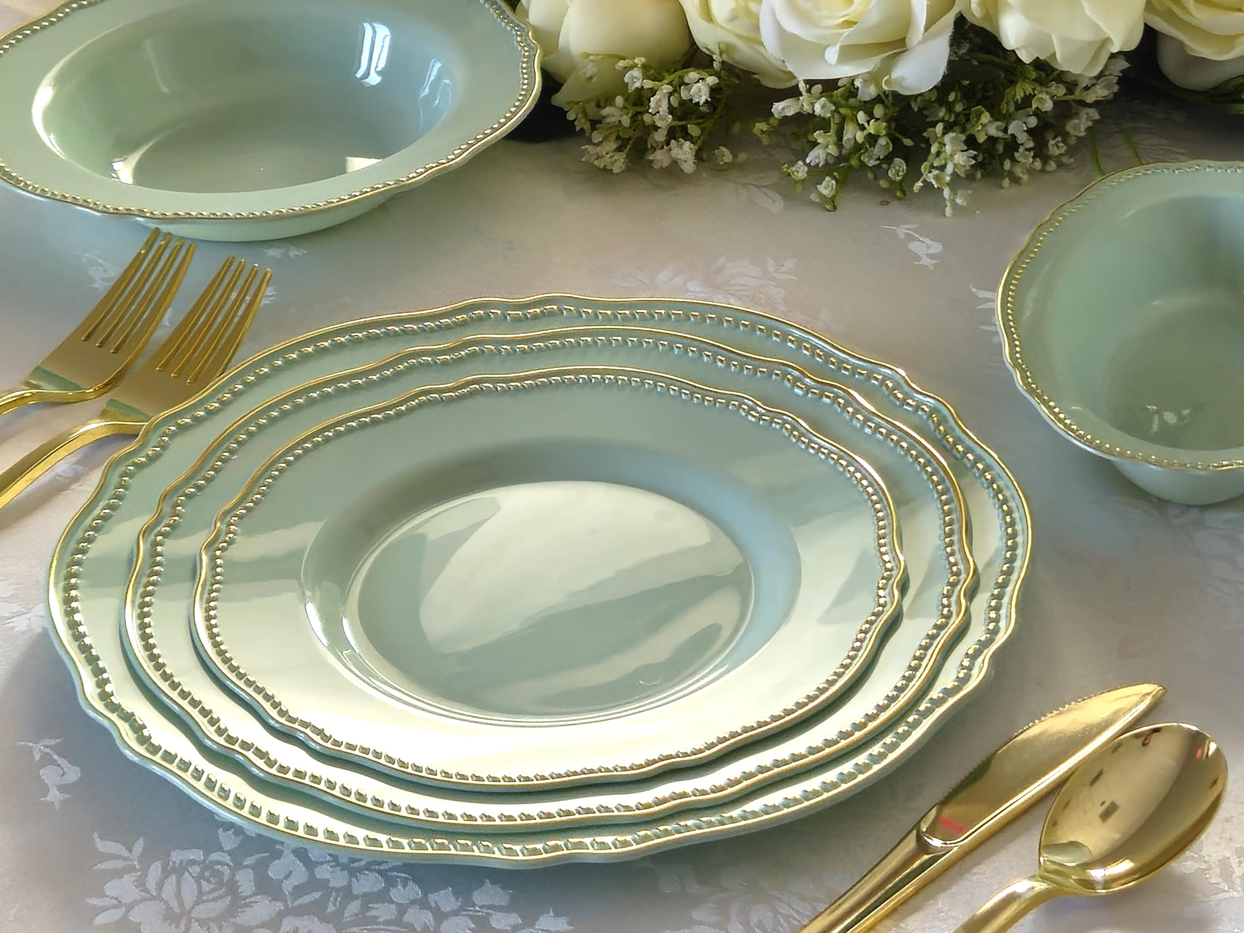 640-Piece Heavyweight Disposable Plastic Plate Set for Weddings & Parties - 80 x 10.25'' Dinner Plates, 80 x 7.5'' Dessert Plates, Silverware, Cups & Napkins (Rochelle Seafoam/Mint & Gold) - Perfect for Large Gatherings, Bridal Showers & Catering Events