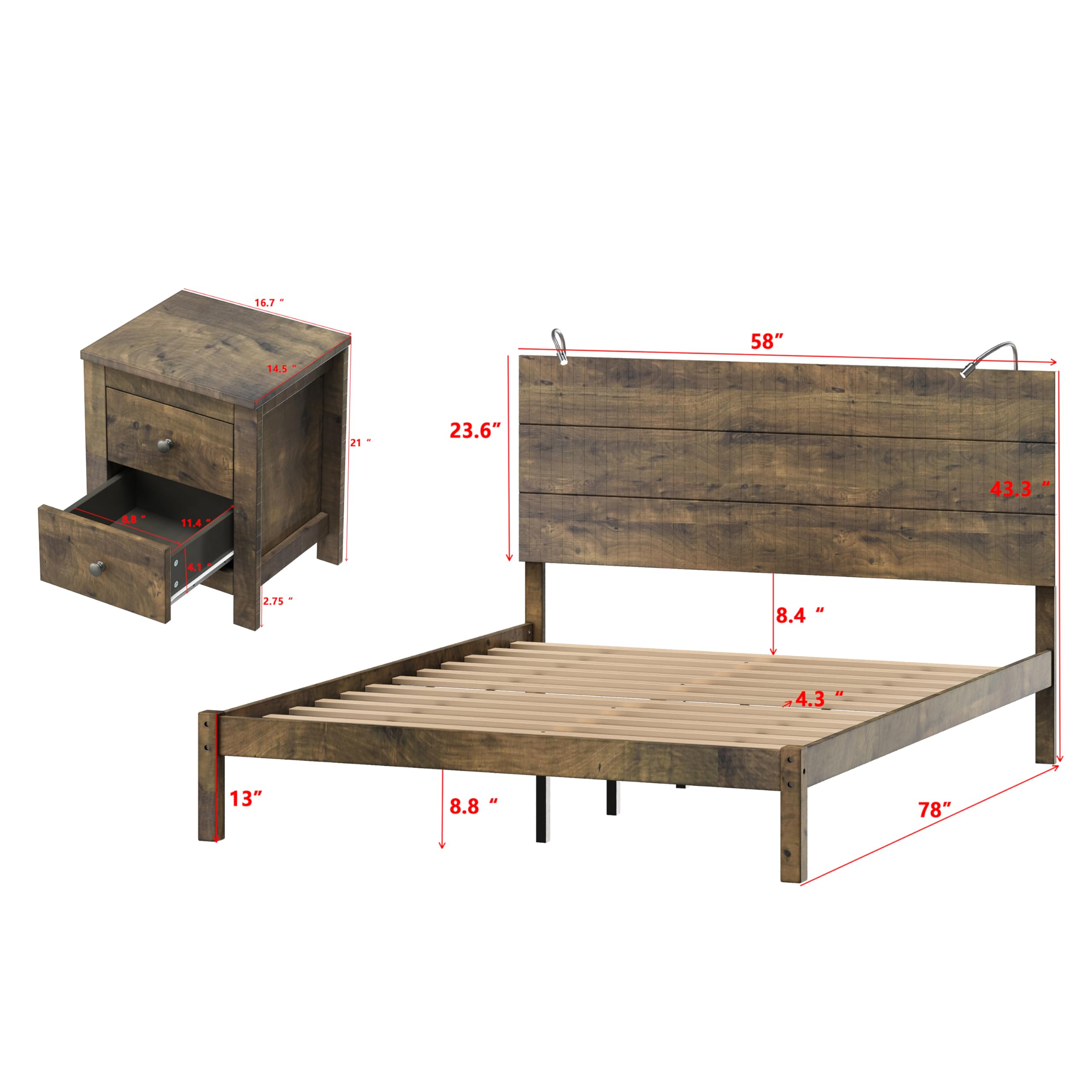 Full Size Wood Platform Bed Set with Nightstands & Lights - Farmhouse Bedroom Furniture for Kids, Teens & Adults - Perfect for Cozy Bedrooms