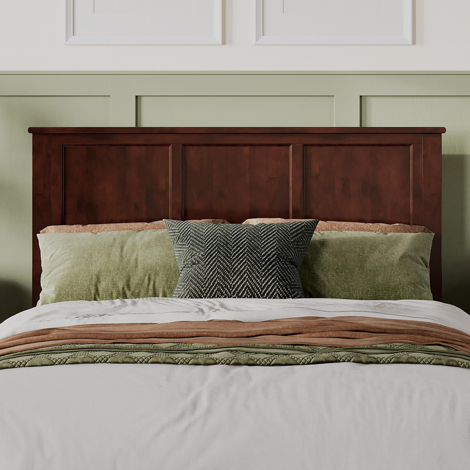 AFI Madison Queen Solid Wood Panel Headboard with USB Charging Ports - Walnut Finish - Modern Bedroom Furniture for Home Decor & Space Saving Design