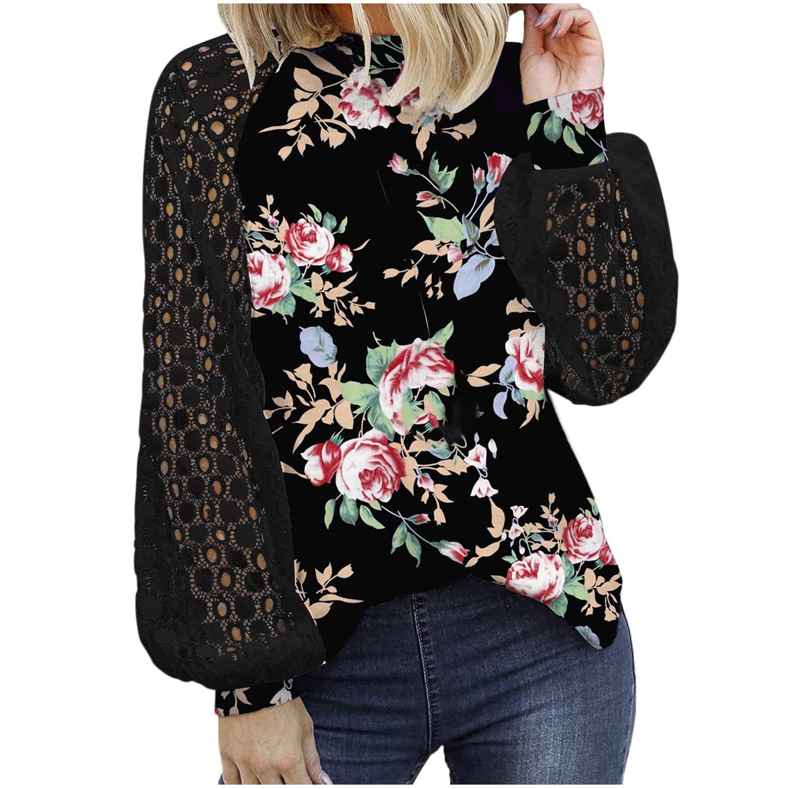 Women's Floral Printed Hollow Out Lace Long Sleeve T-Shirt - Cute Crewneck Tunic Top for Fall, Casual Work & Everyday Comfort | Perfect for Office, Date Night & Weekend Outings
