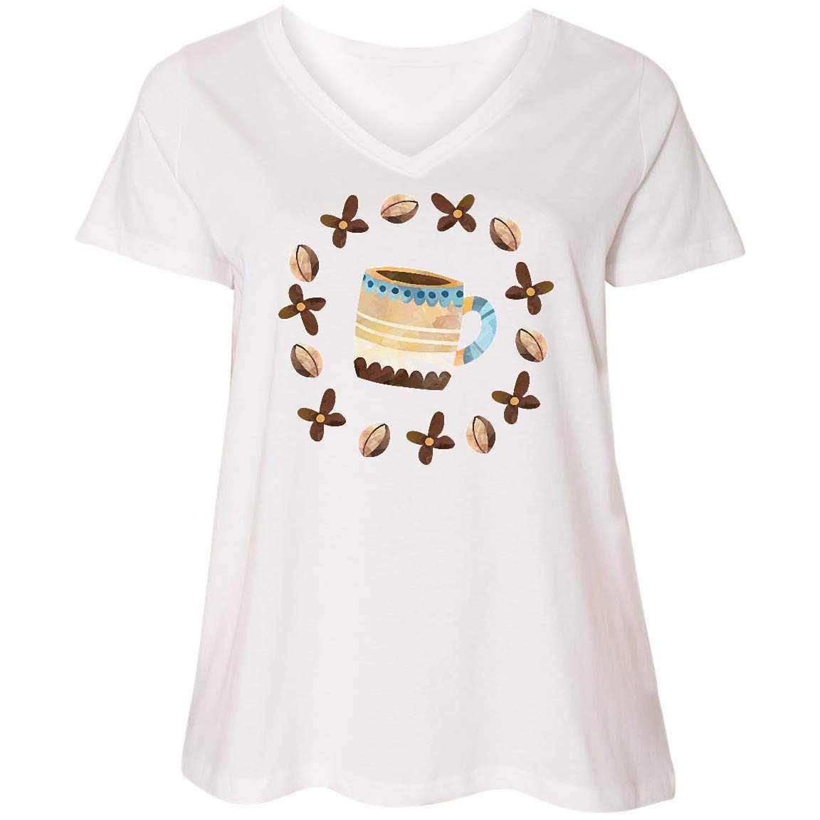 Inktastic Women's Plus Size V-Neck T-Shirt with Coffee Beans & Floral Circle Design - Perfect for Coffee Lovers, Baristas & Casual Wear