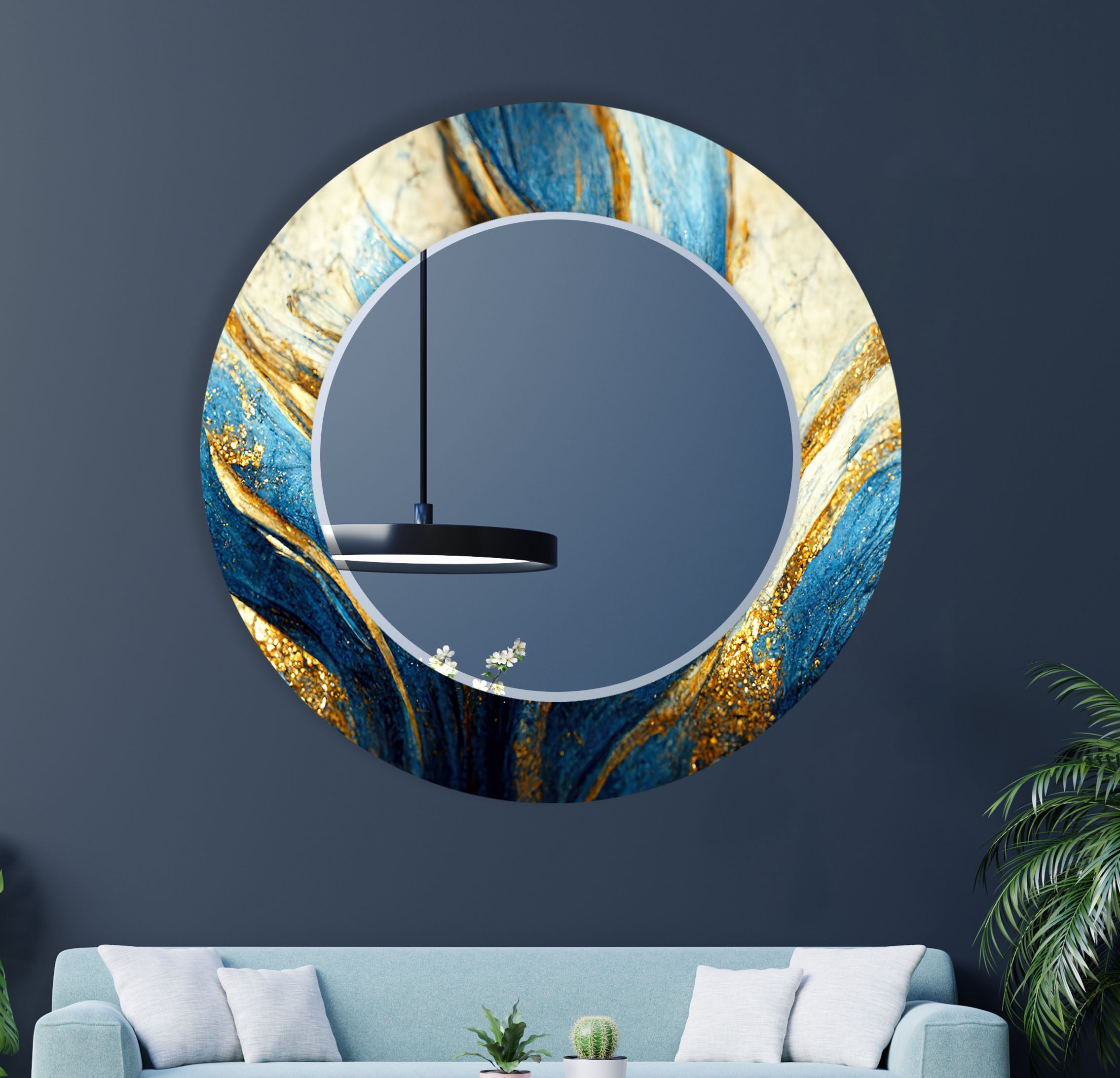 Blue & Gold Marble Glass Wall Mirror - Elegant Abstract Decor for Living Room, Bedroom & Entryway | Stylish Home Accent Piece for Modern Interiors