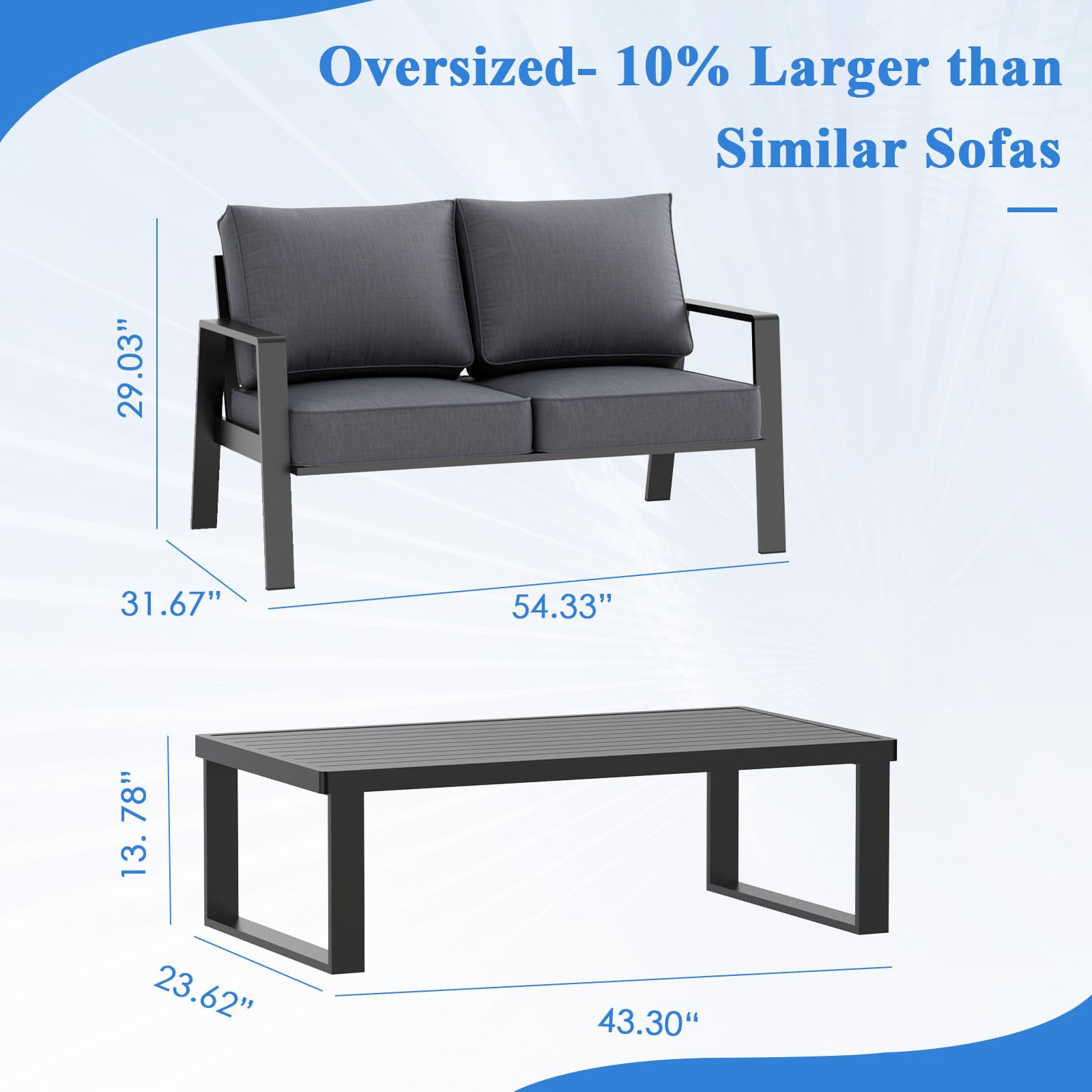 **Dark Grey Aluminum Outdoor Loveseat - Oversized All-Weather Patio Couch with Coffee Table, Modern Metal Furniture Set for Garden, Poolside & Backyard Relaxation**