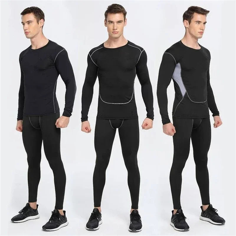 Men's Winter Thermal Fleece Gym Sets - Elastic Running & Fitness Outfit with Tight Exercise Top + Long Johns Base Layer Leggings for Cold Weather Workouts & Outdoor Sports