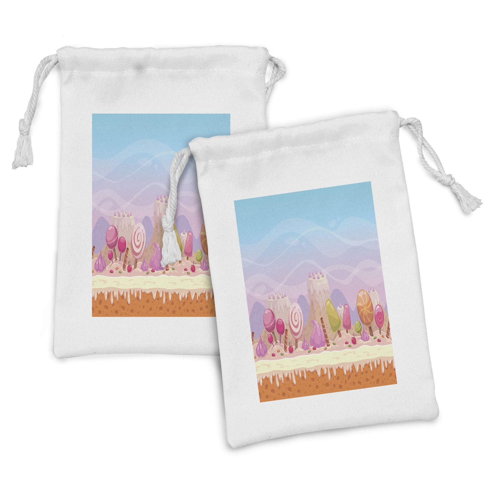 Ambesonne 2-Piece Dessert Fabric Pouch Set - Fantasy Candy Road with Popsicles, Lollipops, Waffles & Swirl Candies - 9