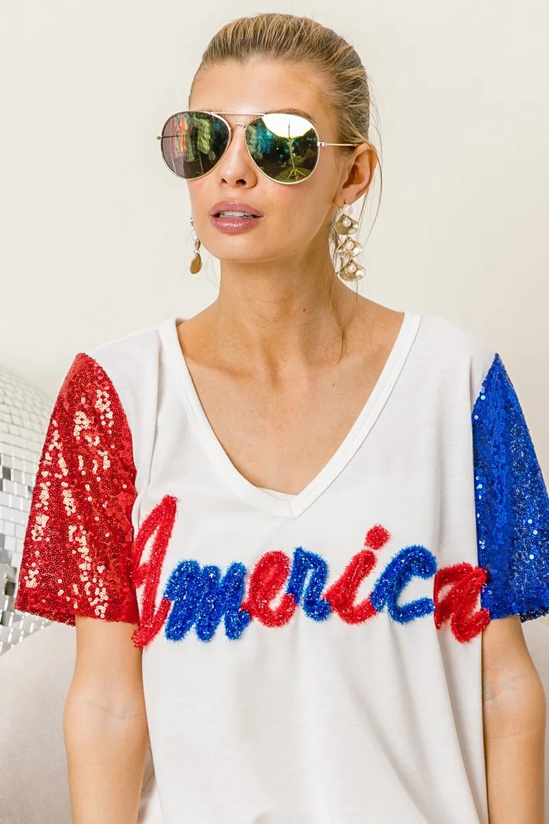 BiBi Metallic Letter V-Neck Sequin Sleeves Top for Women | Party Wear, Club Outfit, Evening Dress, Special Occasion Fashion