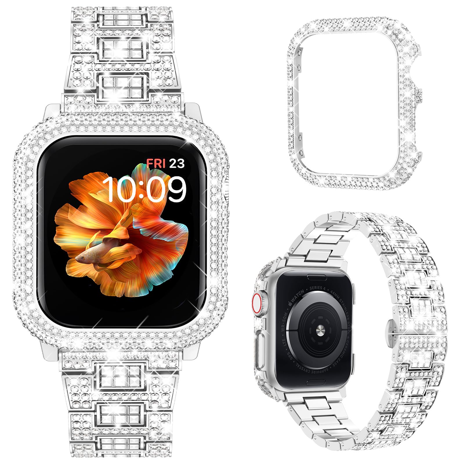Sparkling Luxury Diamond Apple Watch Band for Women - Compatible with iWatch SE Series 10/9/8/7/6/5/4 & 40/41/42/44/45/46mm - Shiny Metal Case & Charming Strap for Daily Wear, Workouts & Special Occasions