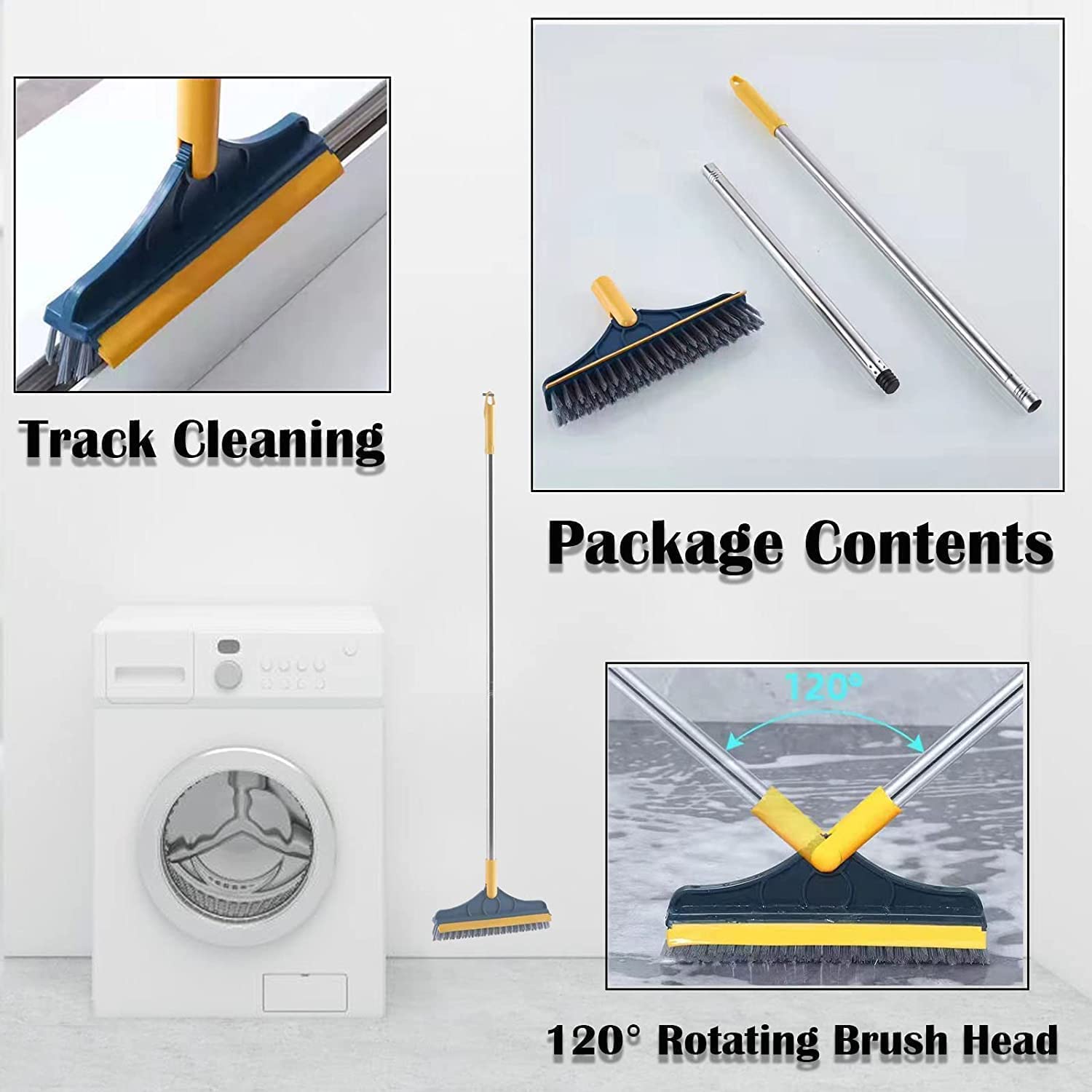 Wazdorf 2-in-1 Bathroom Brush with Wiper - 120° Rotating Floor Scrub Brush with Long Handle for Tile, Kitchen & Bathroom Cleaning | Perfect for Grout Cleaning, Shower Walls & Hard-to-Reach Corners