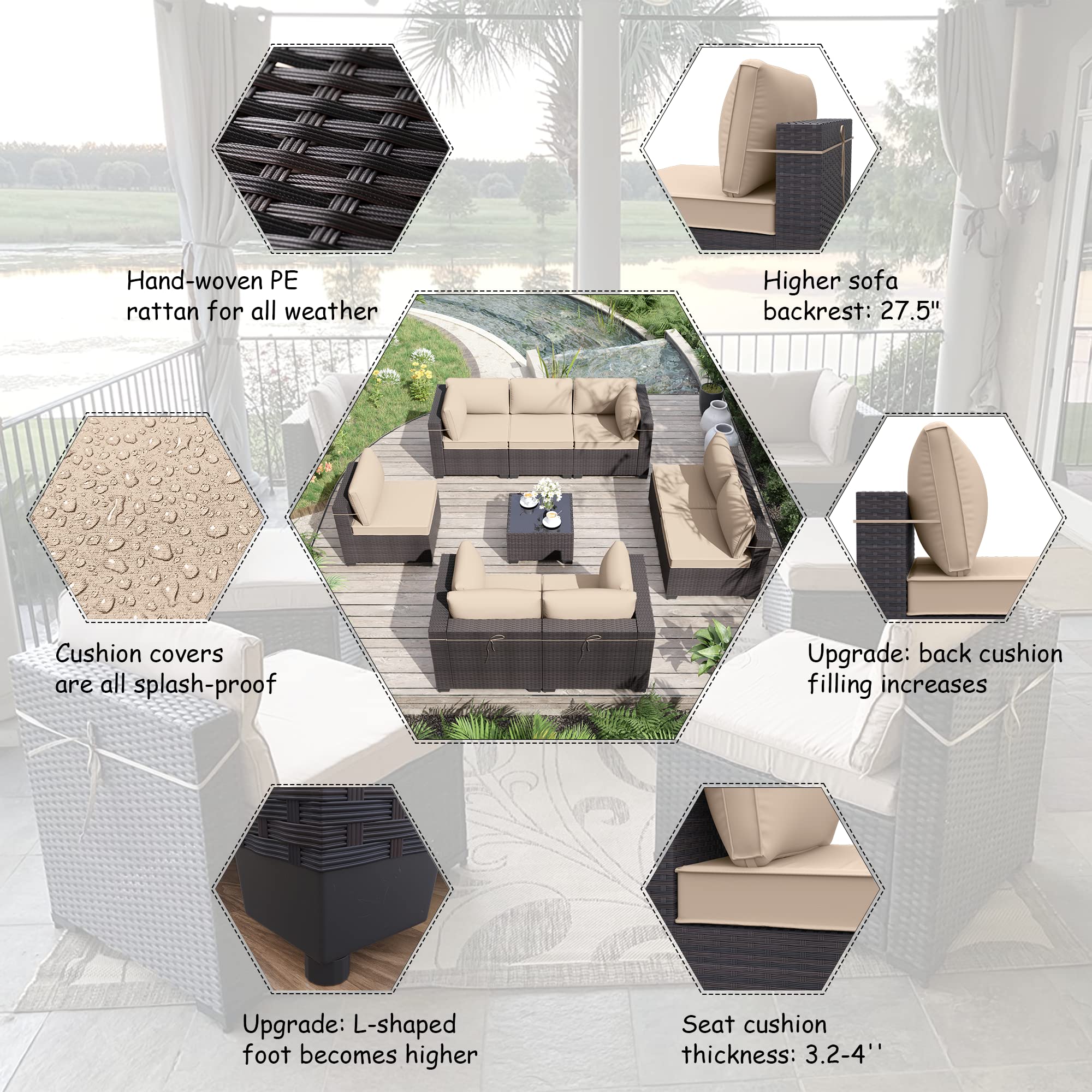 9-Piece Brown PE Rattan Outdoor Patio Furniture Set with Sectional Sofa, 8 Sand Cushions & Coffee Table - Perfect for Backyard, Garden, Poolside & Deck Relaxation